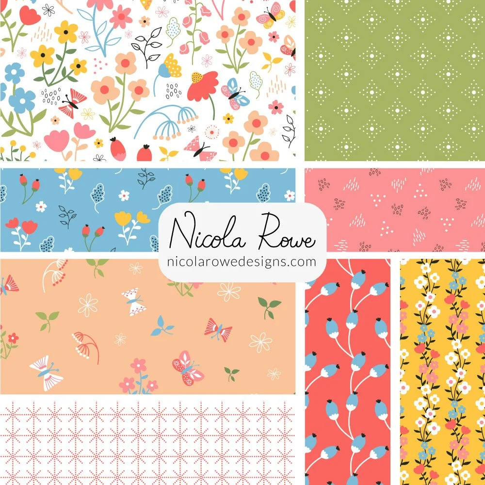 Vibrant garden surface pattern designs collection with bright coloured florals, butterflies, buds and leaves.