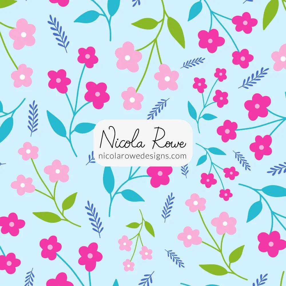 dainty floral pattern design with magenta and pale pink flowers with leaves on a light blue background.