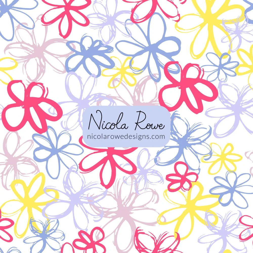 scribble flowers pattern design with deep pink, yellow, lilac and blue flowers on a white background.
