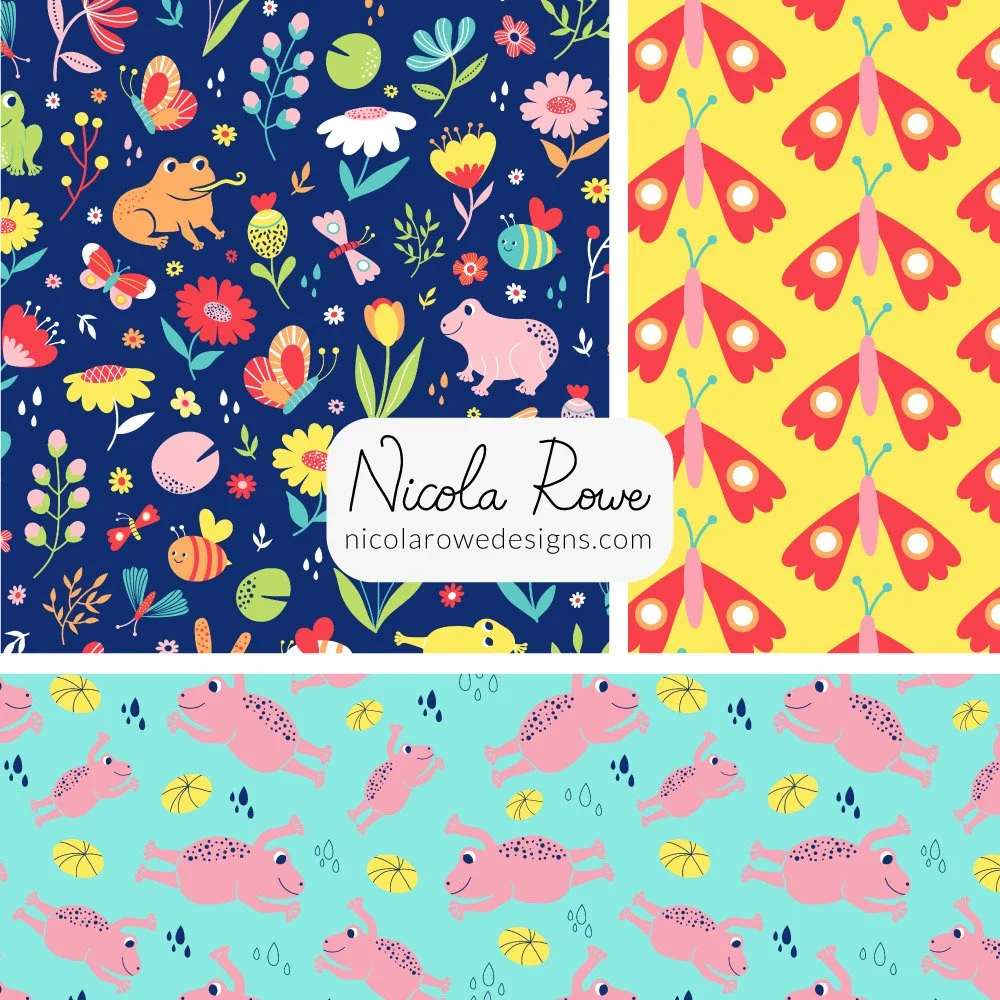 Vibrant summer frog pond pattern design collection with bright butterflies, jumping pink frogs and vibrant flowers.