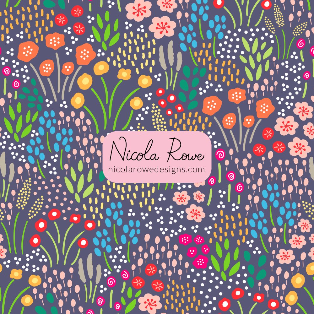 dense floral pattern design with vibrant groups of flowers on a dark background.