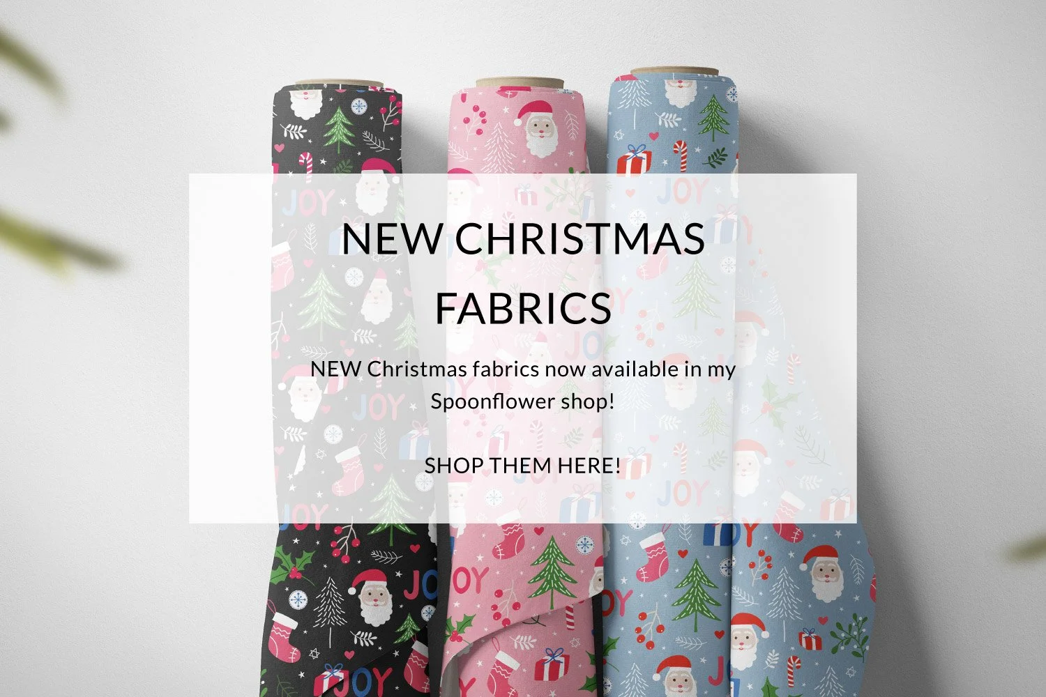 Christmas festive Santa pattern design fabric created by Nicola Rowe, pattern designer and illustrator. Links to Nicola Rowe's spoonflower shop to purchase