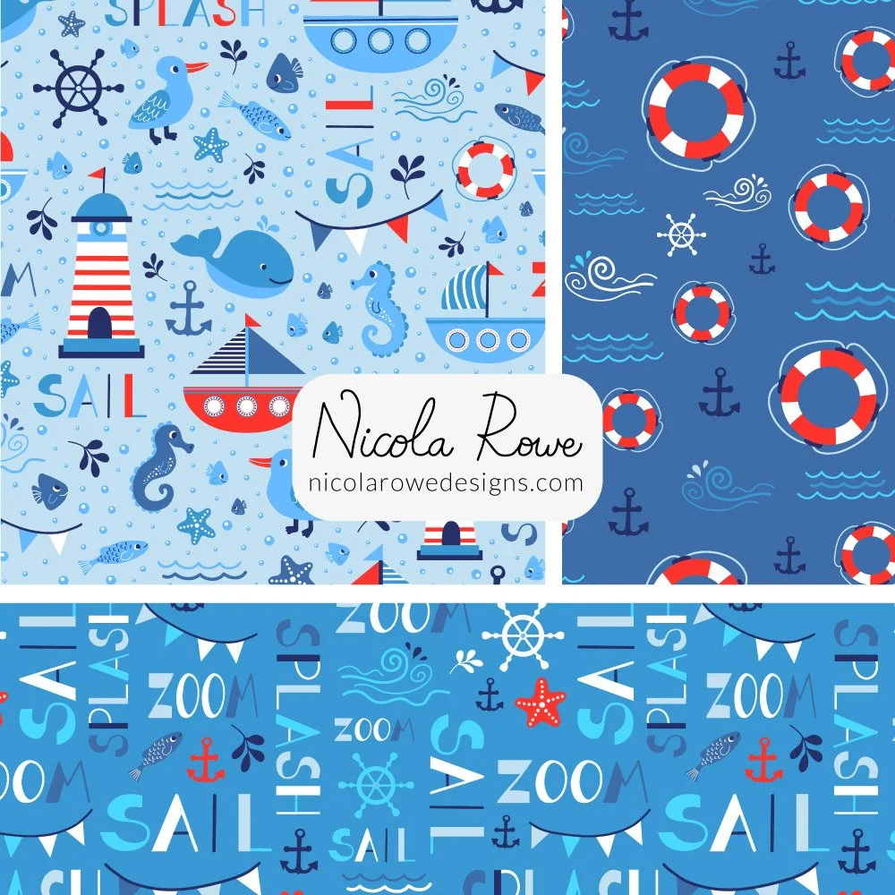 Fun and playful seaside water beach pattern design collection with whales, seagulls, lighthouse, buoy, boats, anchors, seahorse.