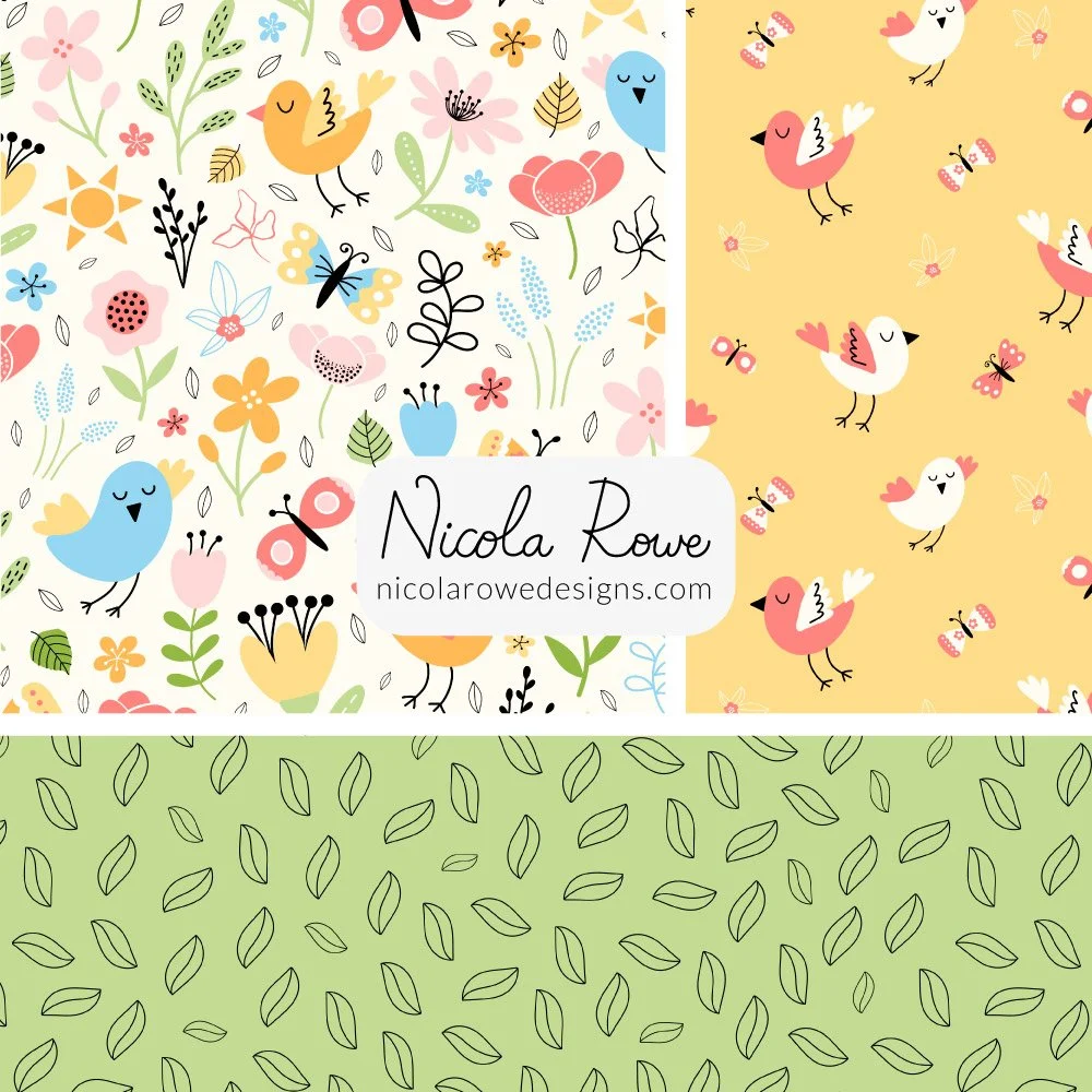 Flying birds, butterflies and flowers pattern design collection with bright coloured florals and leaves.