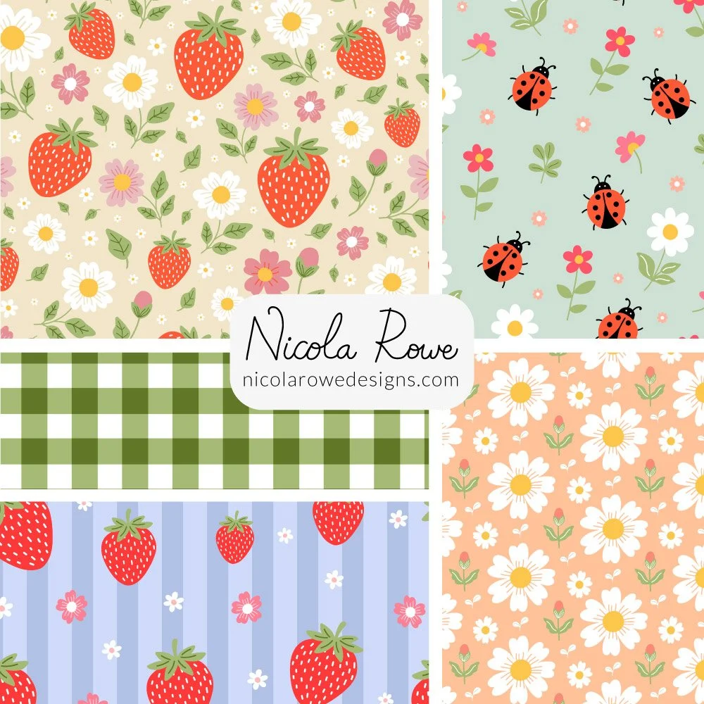 Strawberry ladybirds and floral pattern design collection with white daisies, blue stripes, gingham, ladybirds and strawberries.