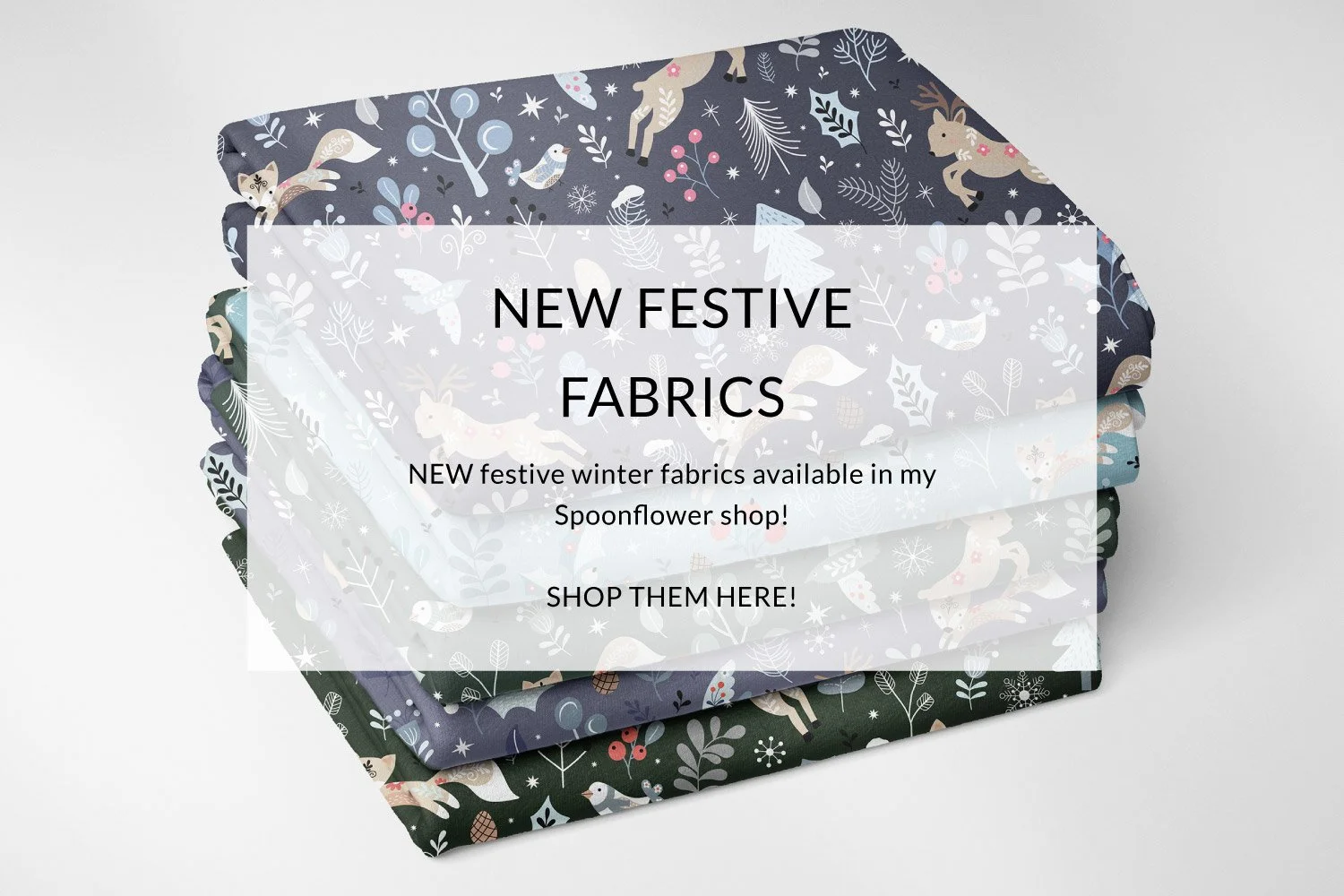 Christmas festive winter reindeer pattern design fabric created by Nicola Rowe, pattern designer and illustrator. Links to Nicola Rowe's spoonflower shop to purchase.