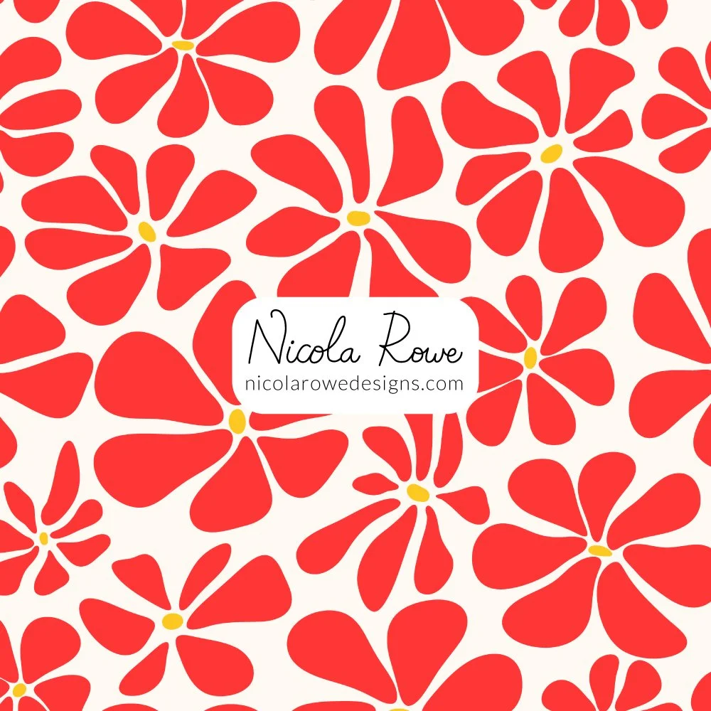 vibrant big red retro florals on a white background.