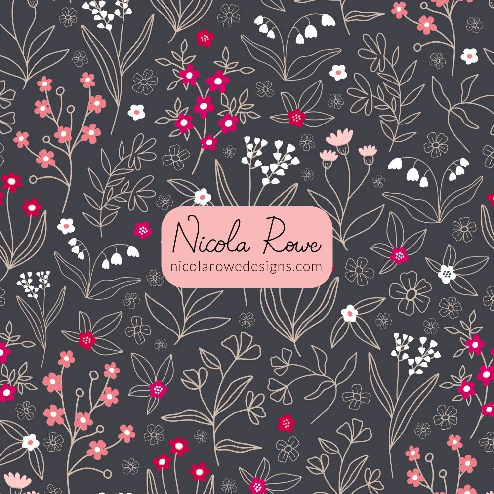 line flowers pattern design with outlined florals and leaves.