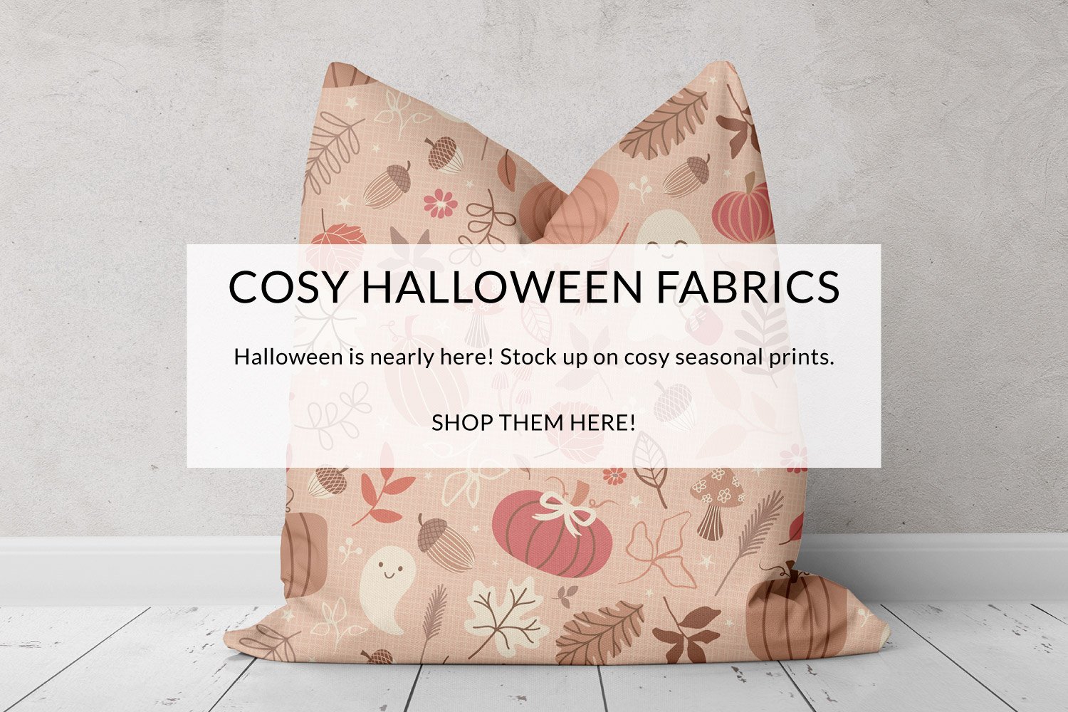 Halloween cute ghost autumn pattern design fabric created by Nicola Rowe, pattern designer and illustrator. Links to Nicola Rowe's spoonflower shop to purchase.