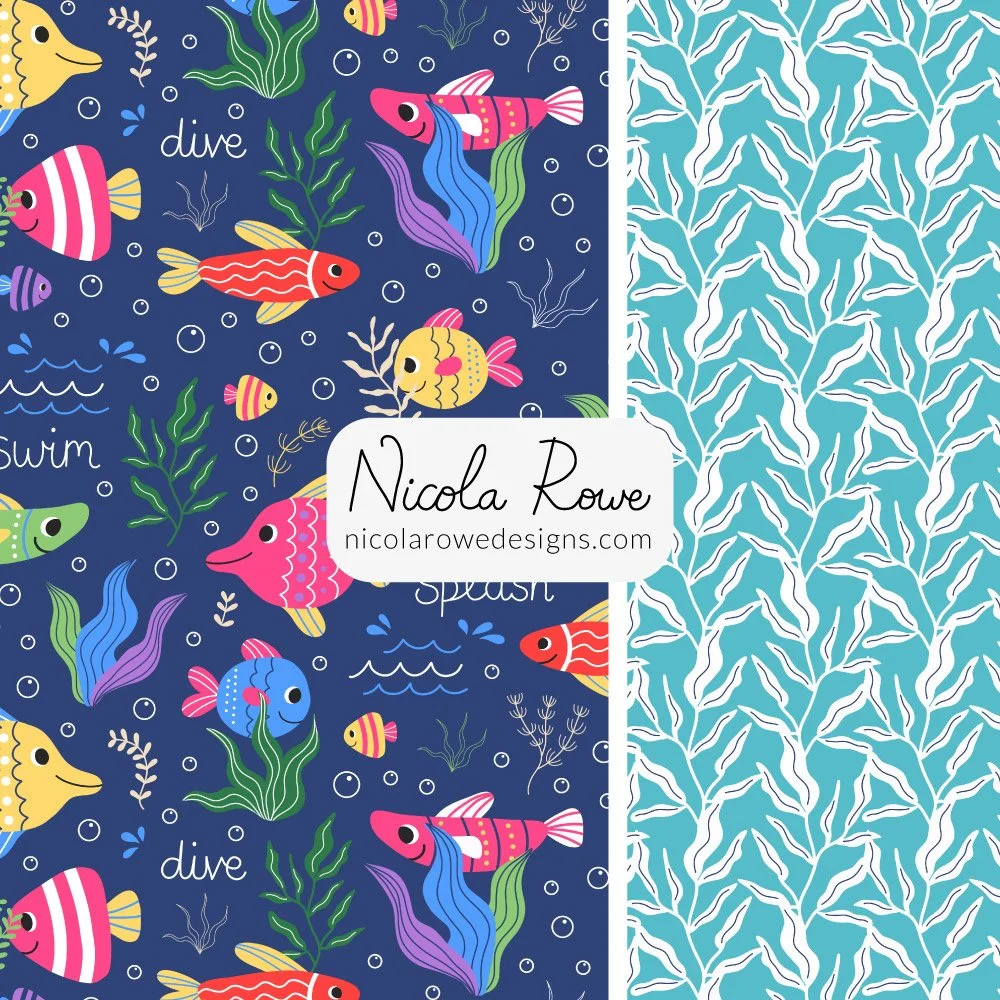 Underwater sea fish tropical pattern design collection with vibrant fish, seaweed, bubbles and kelp.