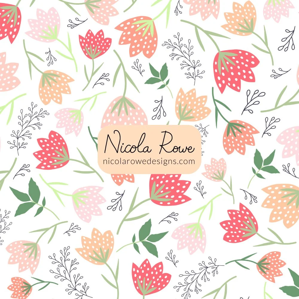 dotted floral pattern design with orange, rosy red, pale pink and peach flowers with sprigs on a white background.
