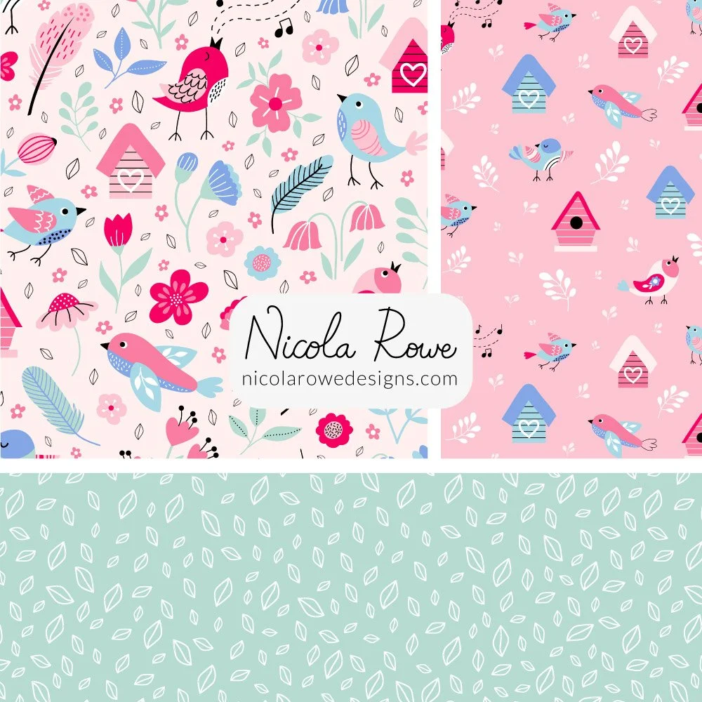 spring singing birds pattern collection with birdhouses, florals, feathers, leaves and singing birds.