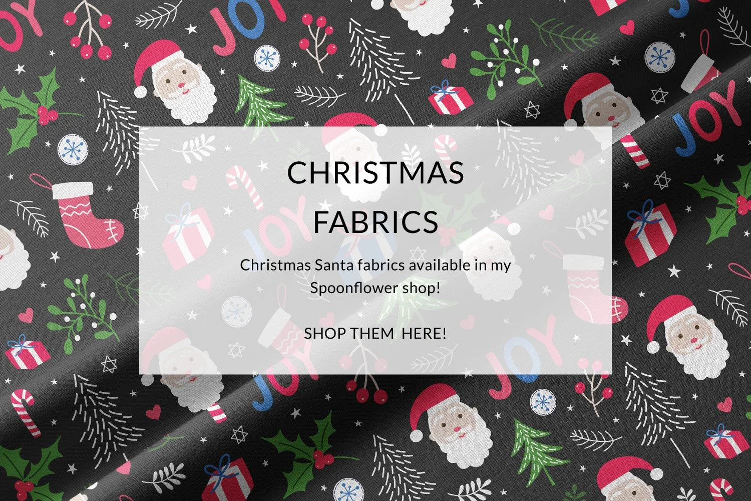 Christmas festive Santa pattern design fabric created by Nicola Rowe, pattern designer and illustrator. Links to Nicola Rowe's spoonflower shop to purchase.