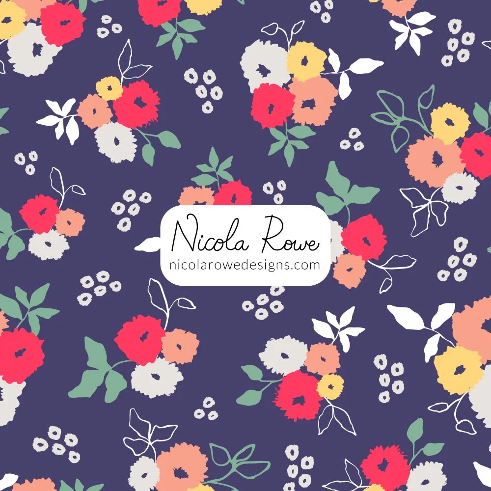 spring buds pattern design with flower clusters with leaves on a dark blue background.