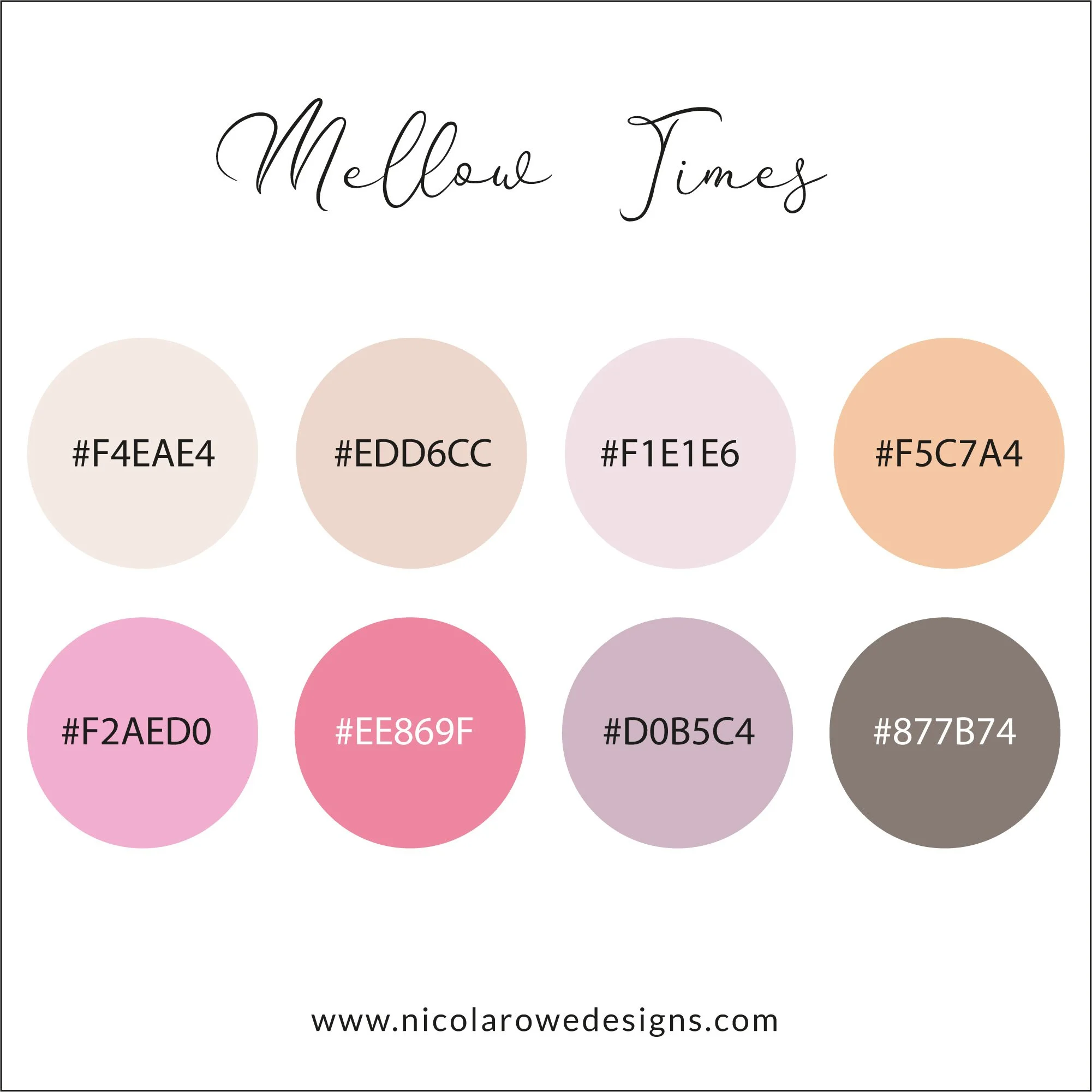 Color palette called 'Mellow Tones' with eight circular swatches labeled with hex color codes and a website link at the bottom.
