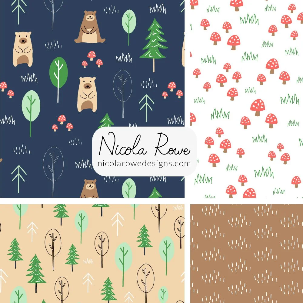 bear forest pattern design collection with mini mushrooms, pine trees and grass.