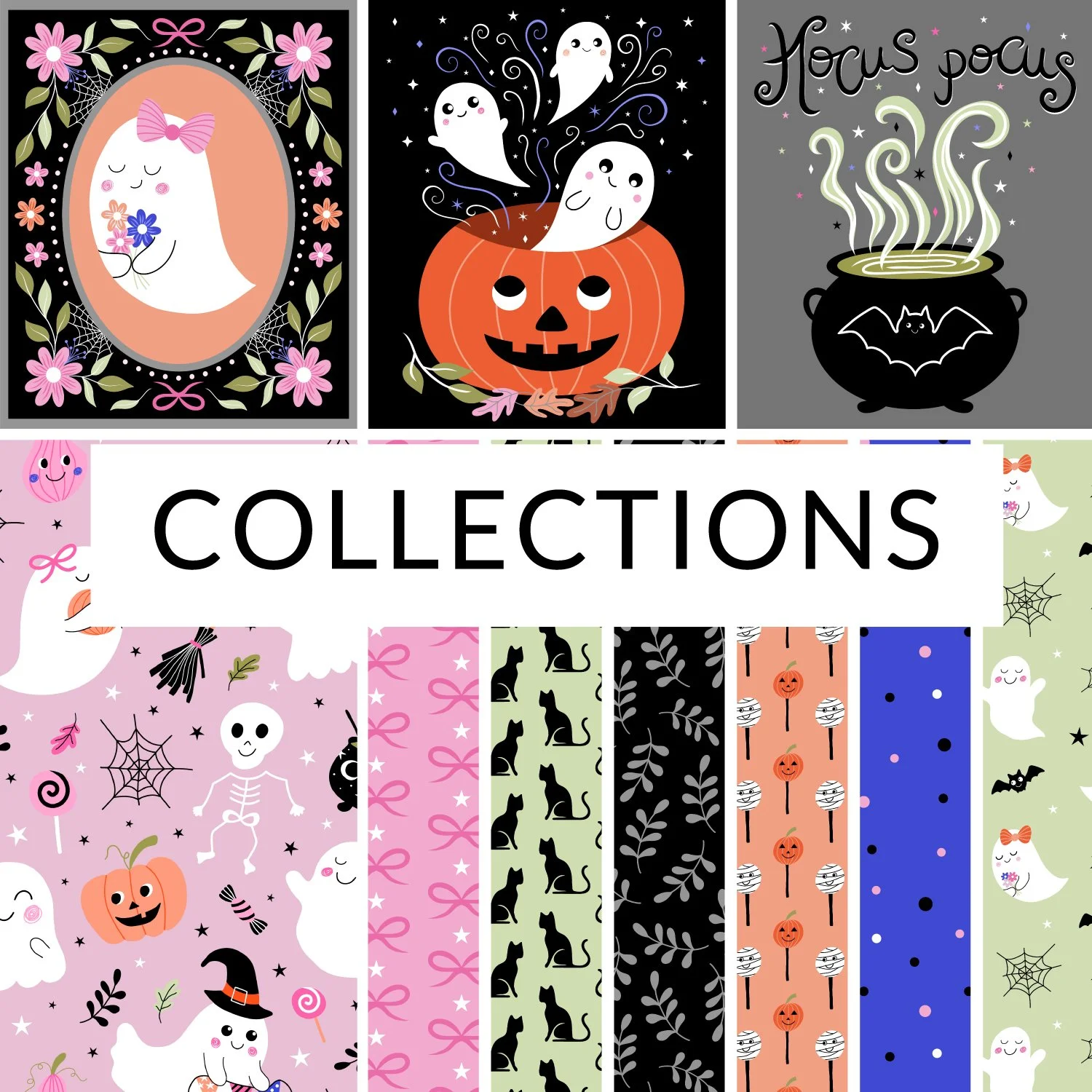 Halloween illustrations and pattern designs created by Nicola Rowe, pattern designer and illustrator. Available for licensing.
