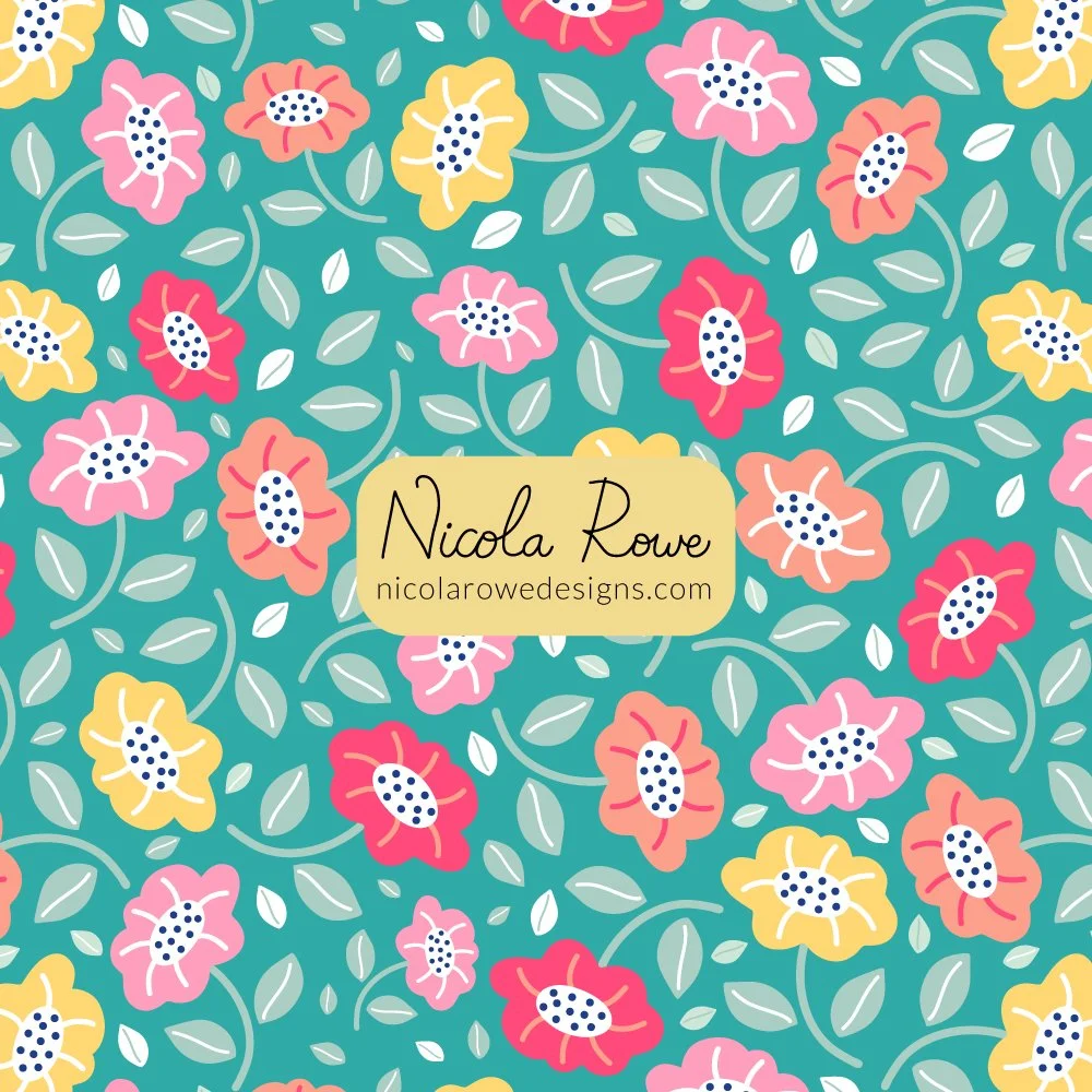 vibrant big daisy flowers pattern design on a teal background