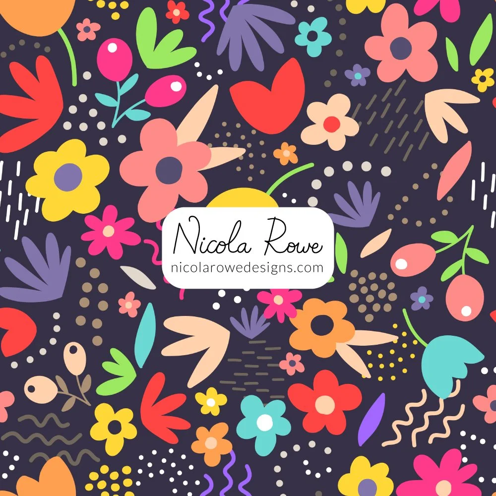 floral abstract shapes pattern design with dots, dashes, wavy linesman a dark background.