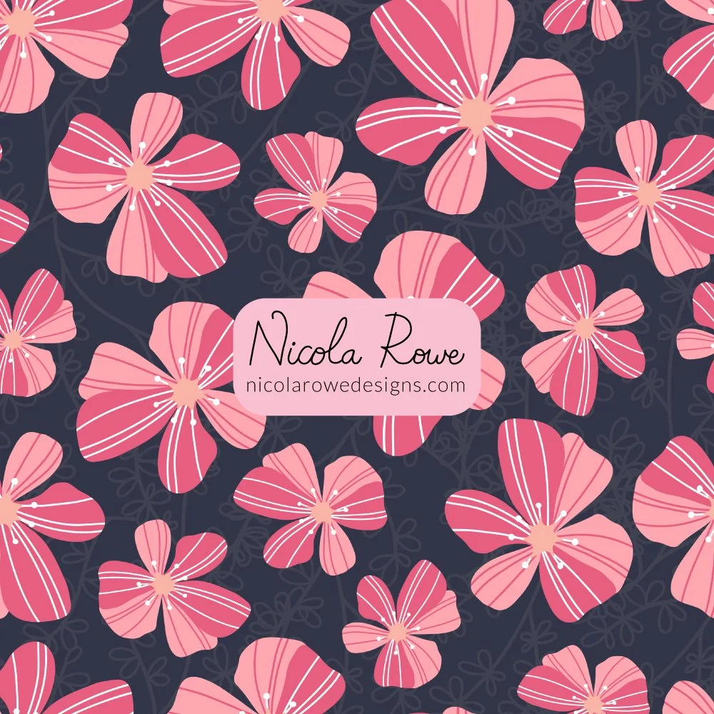 pink striped florals with line details pattern design on a navy background.