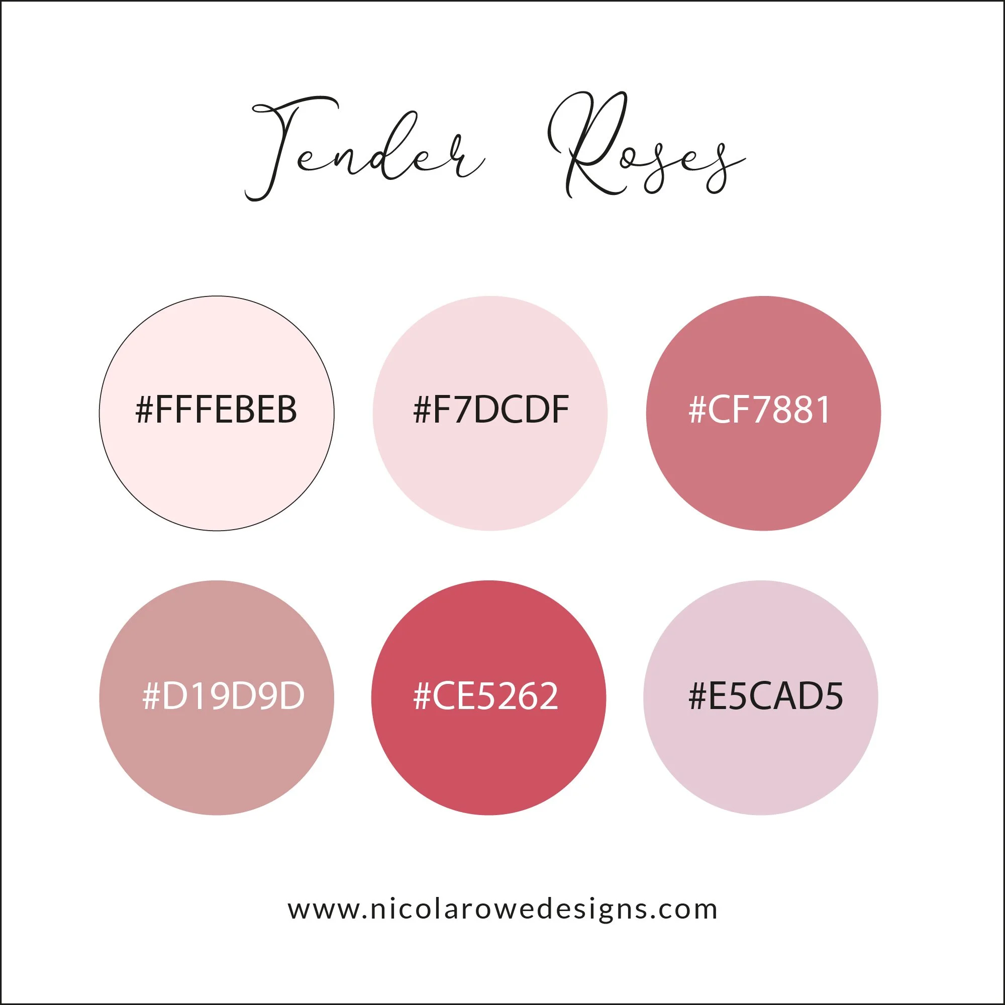 Color palette of six circles with pastel and vibrant shades of pink and red, each labeled with hex color codes, titled 'Tender Roses', and a website URL at the bottom.
