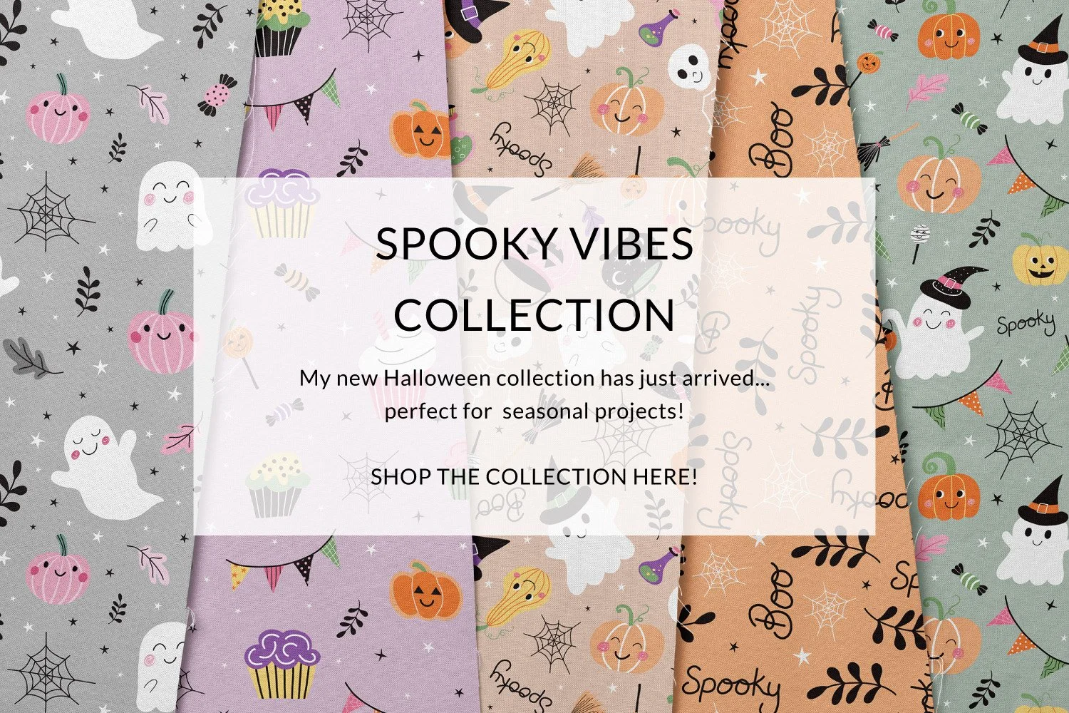  halloween whimsical spooky cute ghosts pumpkins pattern design fabric collection created by Nicola Rowe, pattern designer and illustrator. Links to Nicola Rowe's spoonflower shop to purchase.