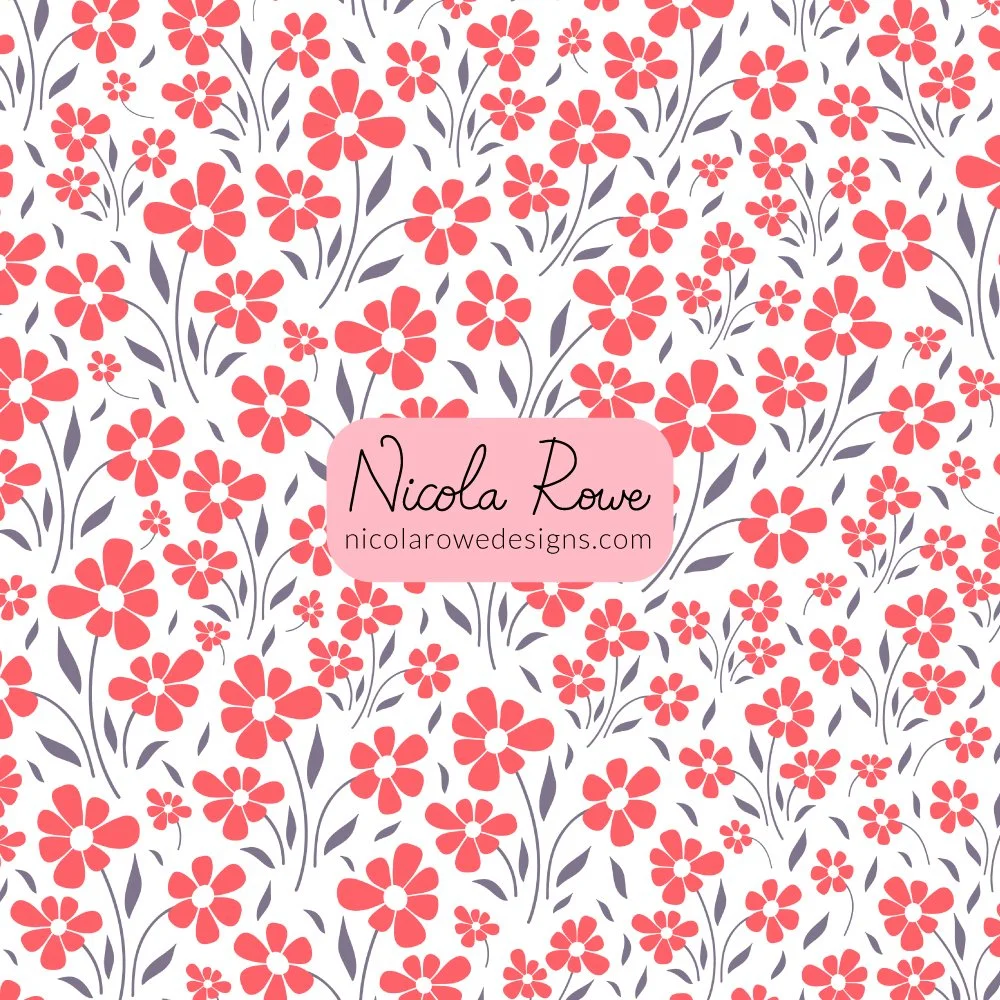 dainty red floral pattern design with grey leaves on a white background.
