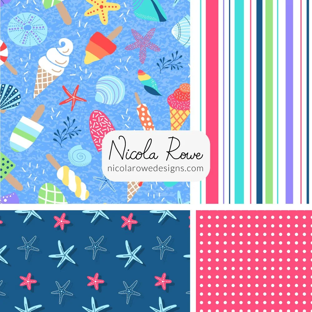 summer bright ice creams pattern design collection with lollipops, seashells, seaweed, popsicles, starfish.