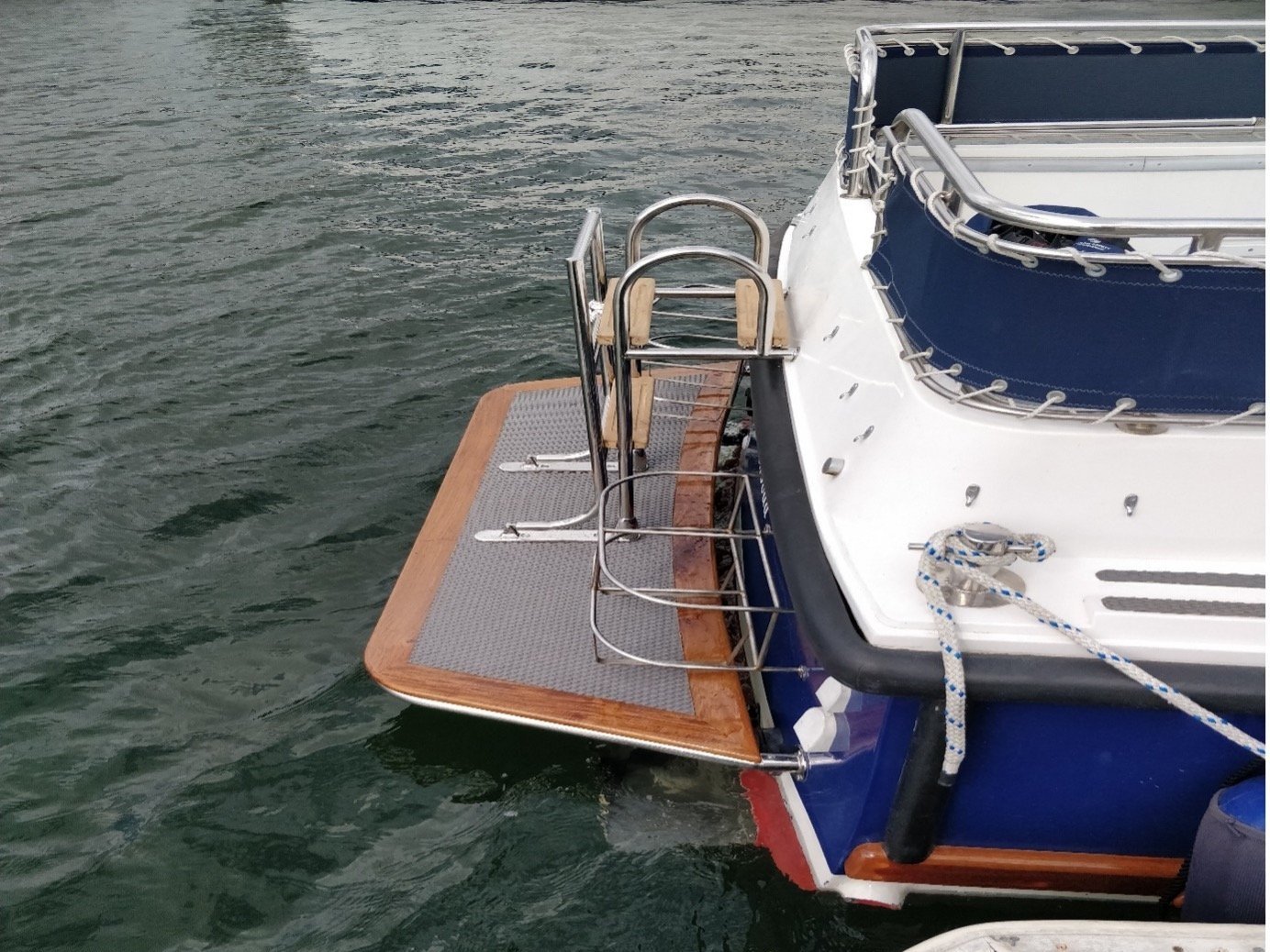 Bathing platform and swimming ladder on a motorboat