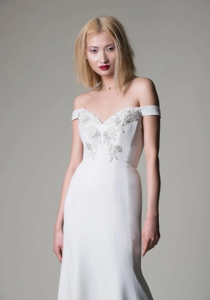 elegant bardot slim fit wedding dress with embellished bodice