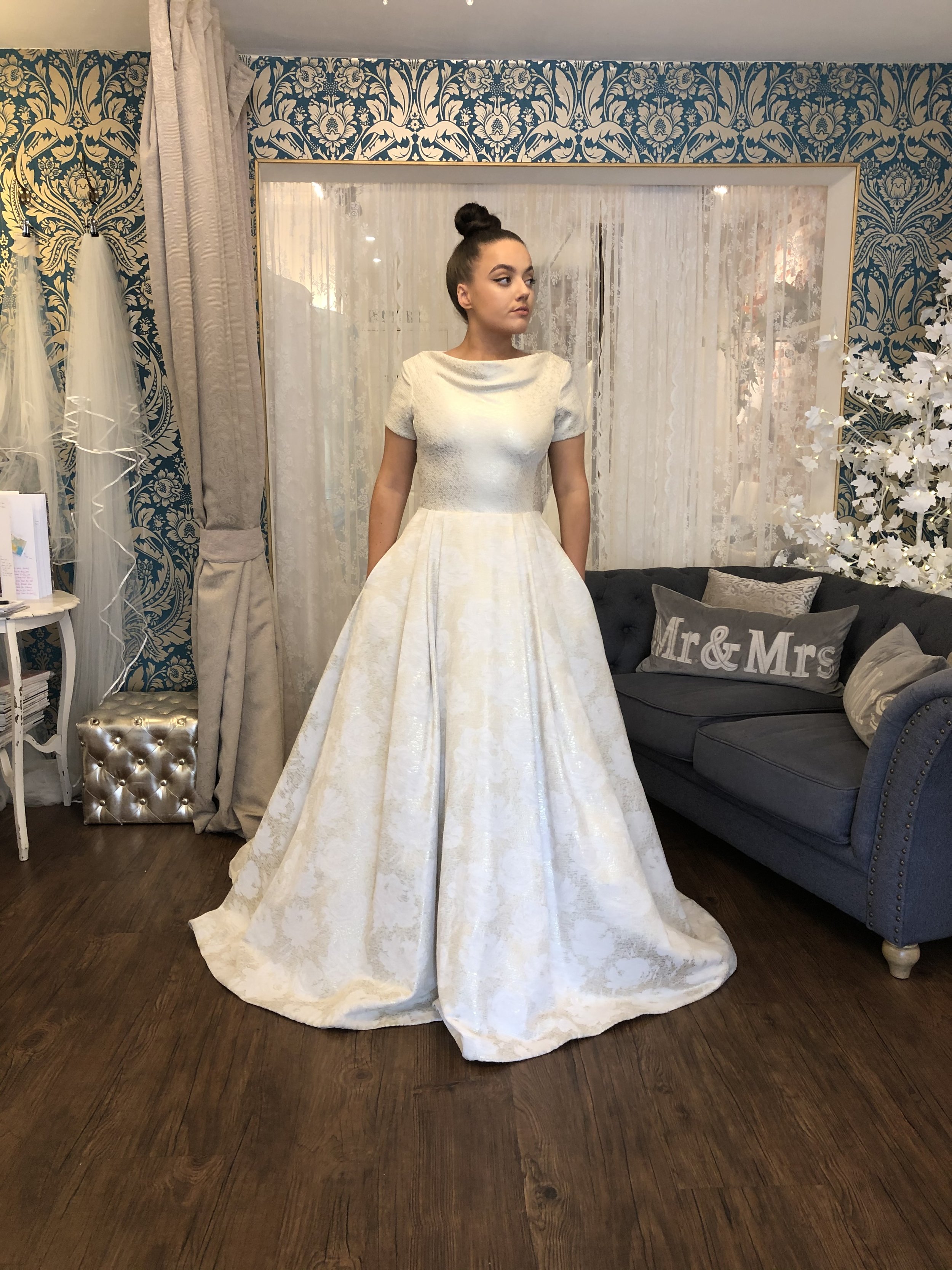 Gold brocade wedding dress with cowl neck and t-shirt sleeves