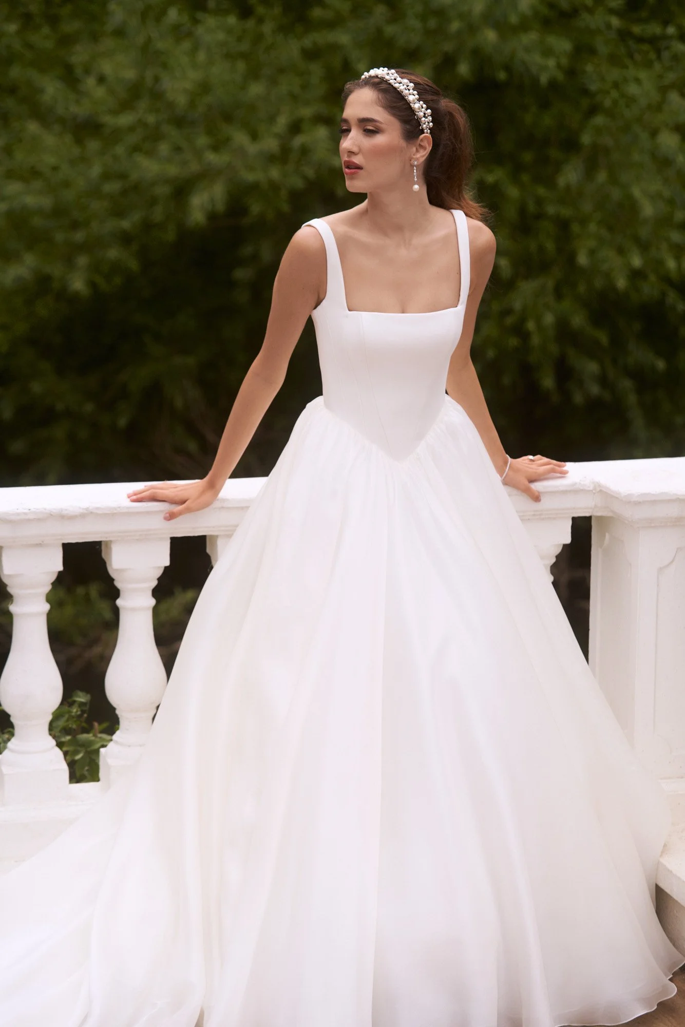 on trend, square necked, basque waist, ball gown wedding dress