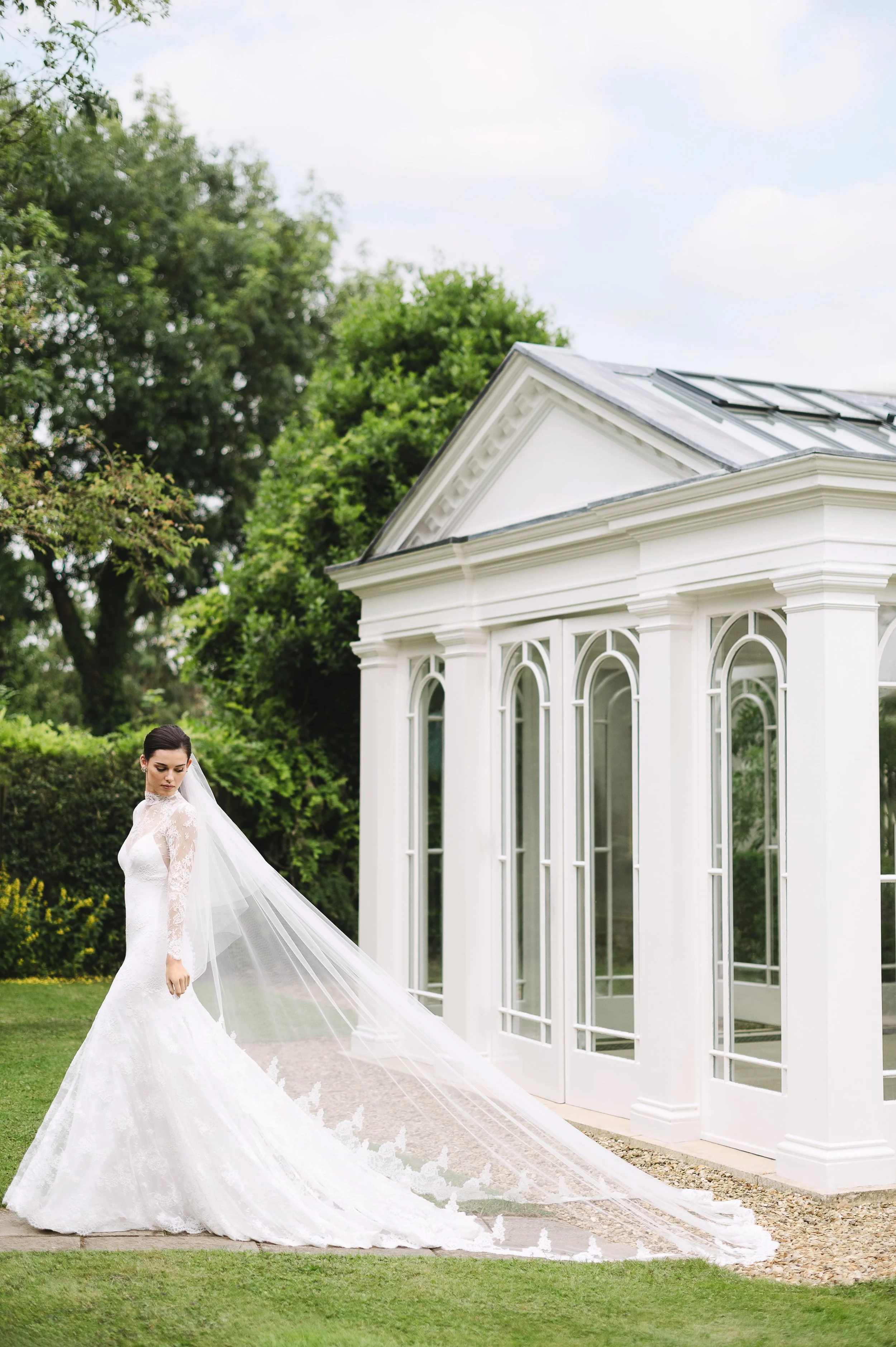Crepe shift wedding dress with high necked, lace sleeve overdress