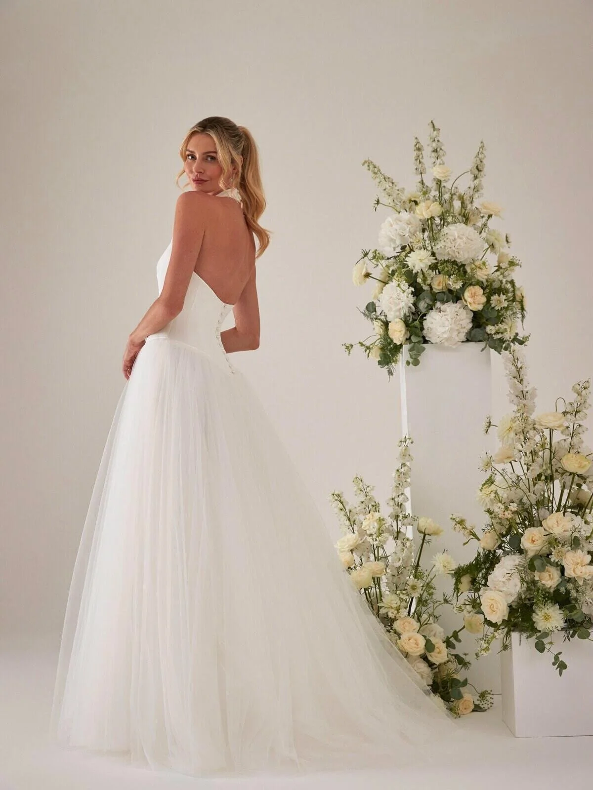 classic bridal gown with tulle skirt, open back available at Boo Bridal, Hartley Wintney