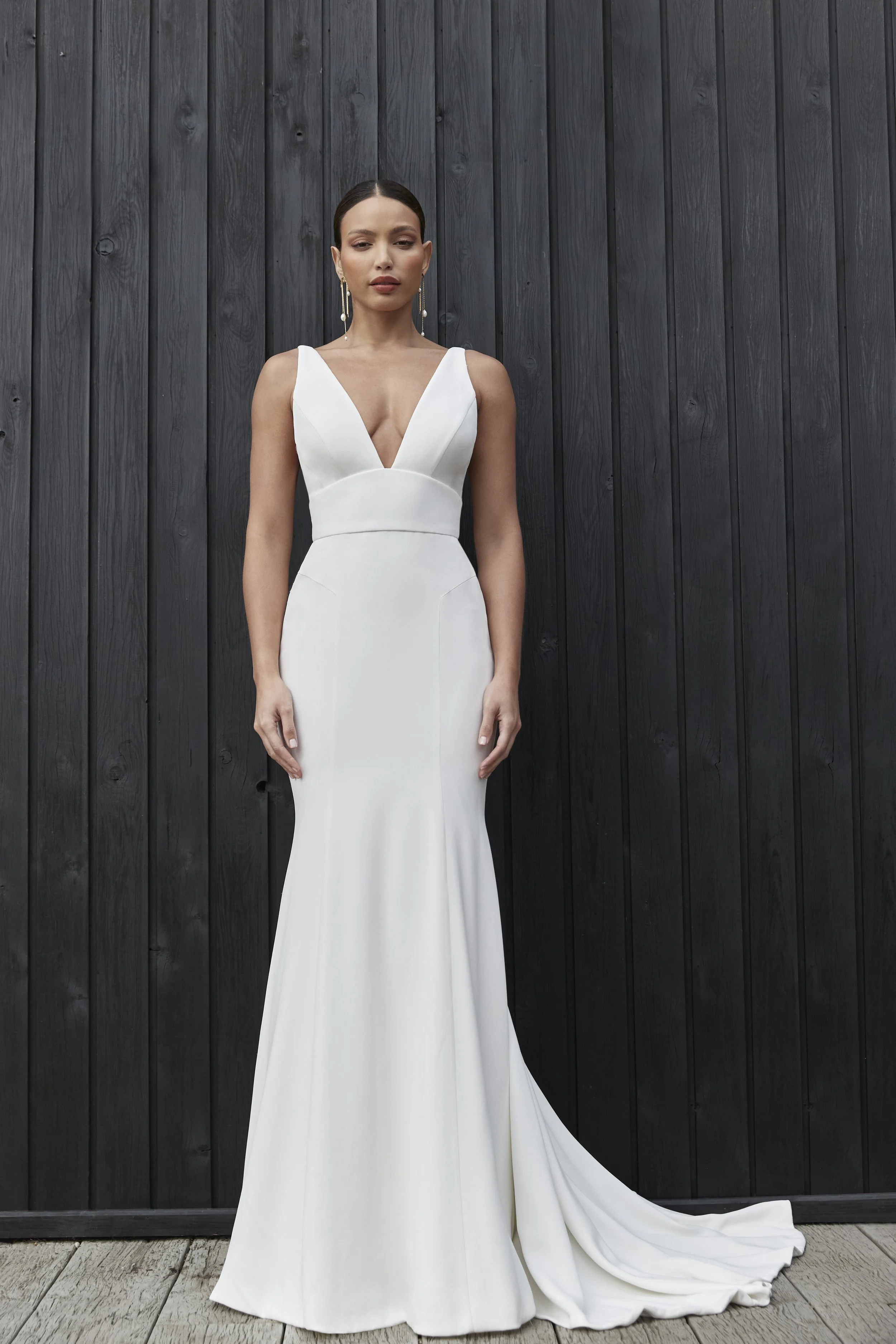 slim fit crepe wedding dress with v-neck & v-back