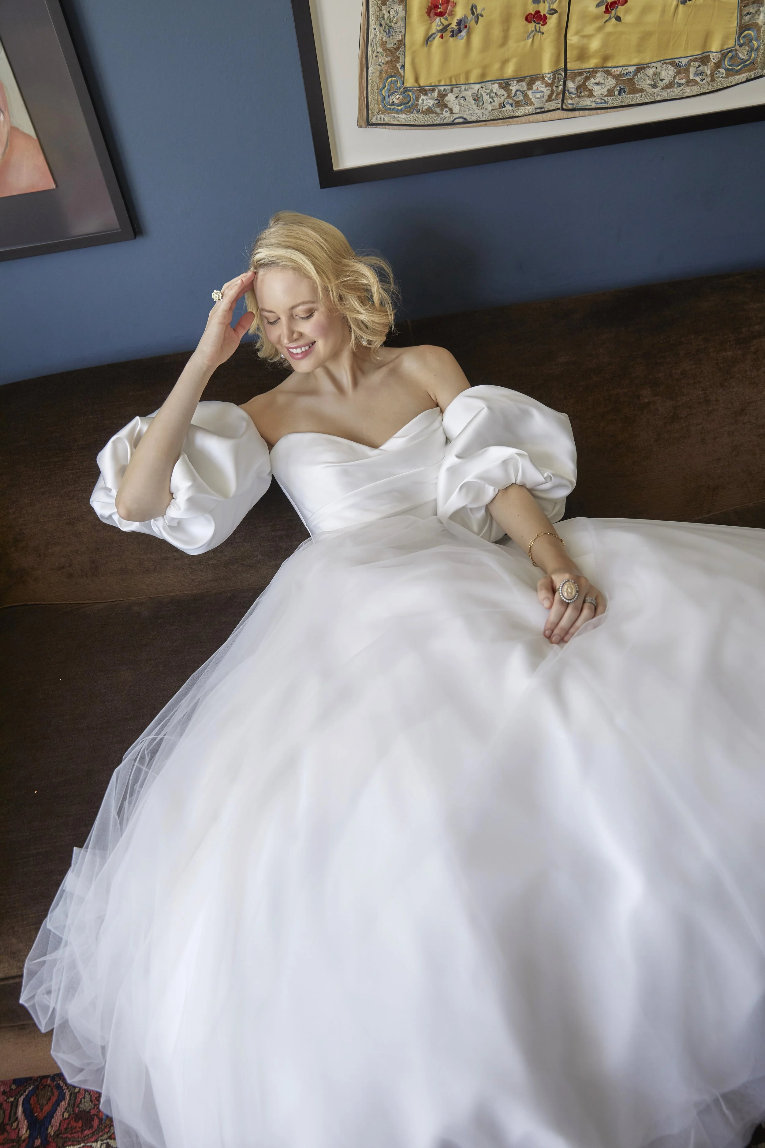 Tulle ballgown wedding dress with satin sweetheart neckline and detachable puff sleeves