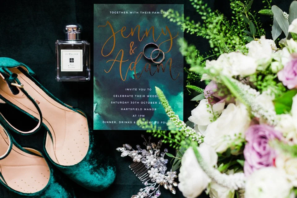 green shoes, Jo Malone perfume, wedding rings, wedding invitation, bridal hair comb, bridal bouquet