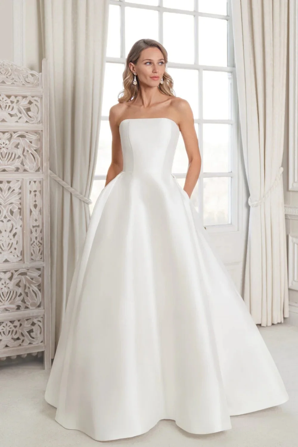 Square necked, strapless, ballgown wedding dress with long train, detachable puff sleeves and pockets