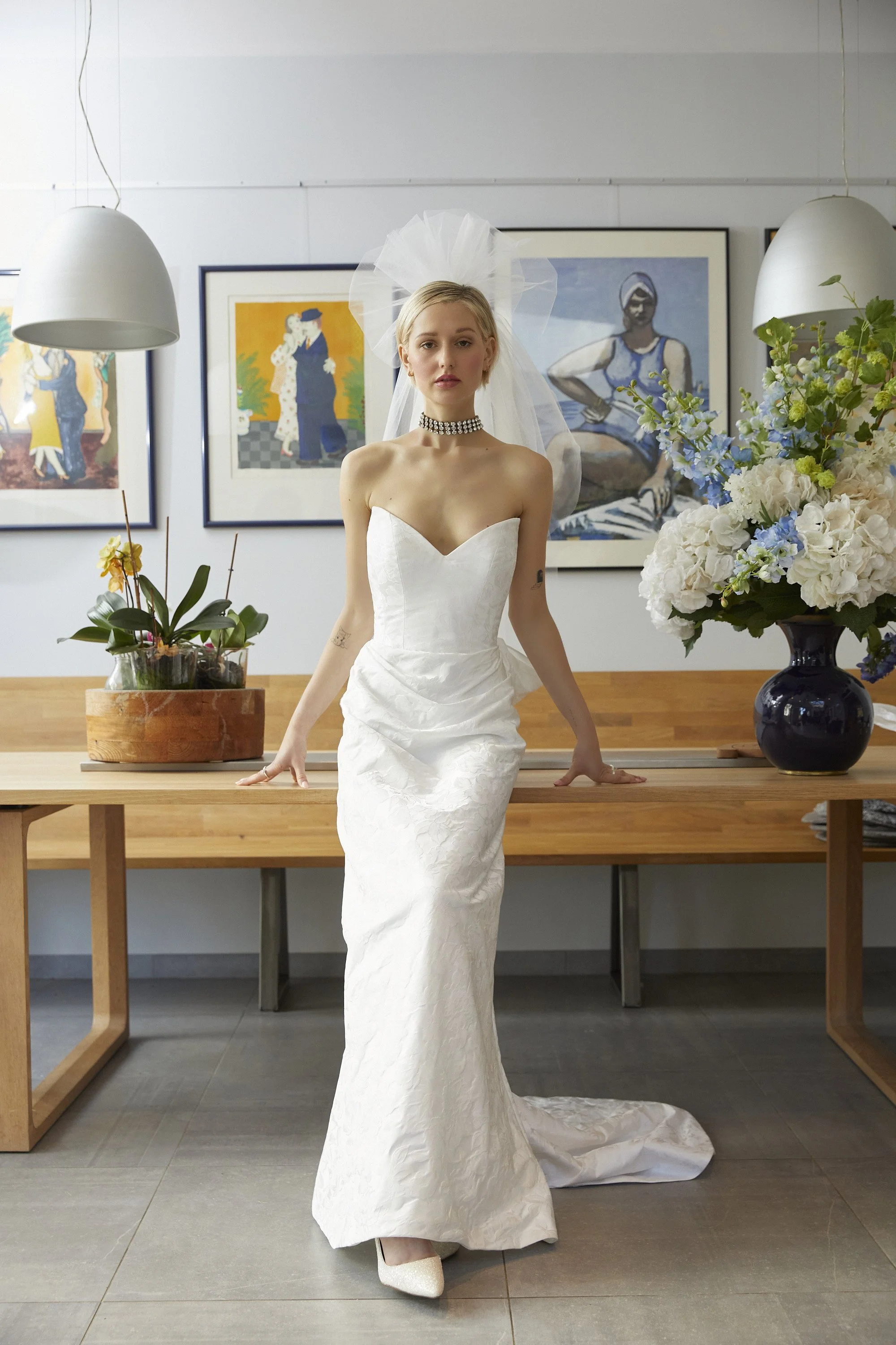 Rose damask wedding dress with sweetheart neckline, draped slim skirt and dramatic hip bow