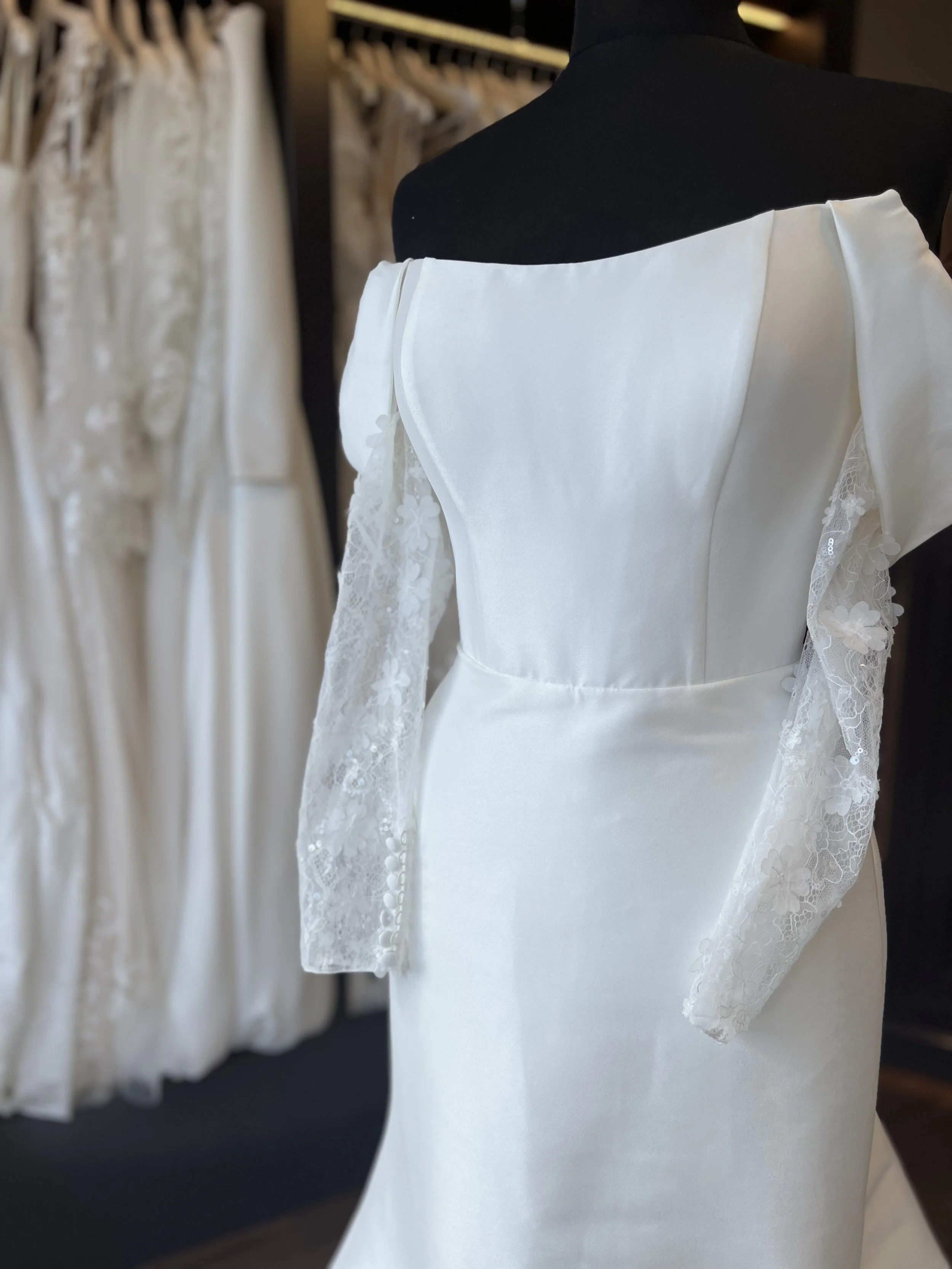 Stretch mikado, scoop neck strapless wedding dress with drape sleeves and detachable full length lace sleeves