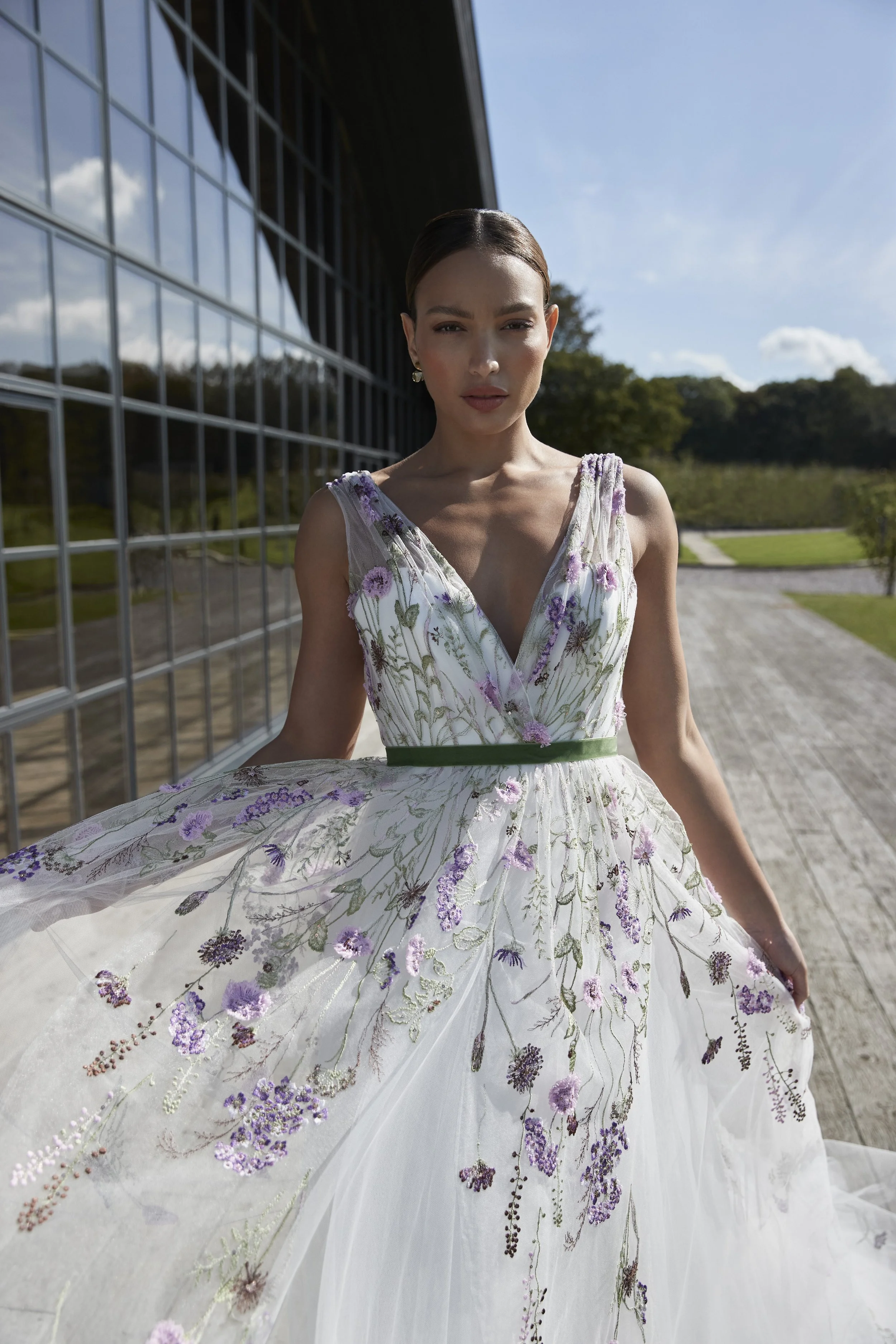 V-neck, v-back embroidered tulle wedding dress in purple and green