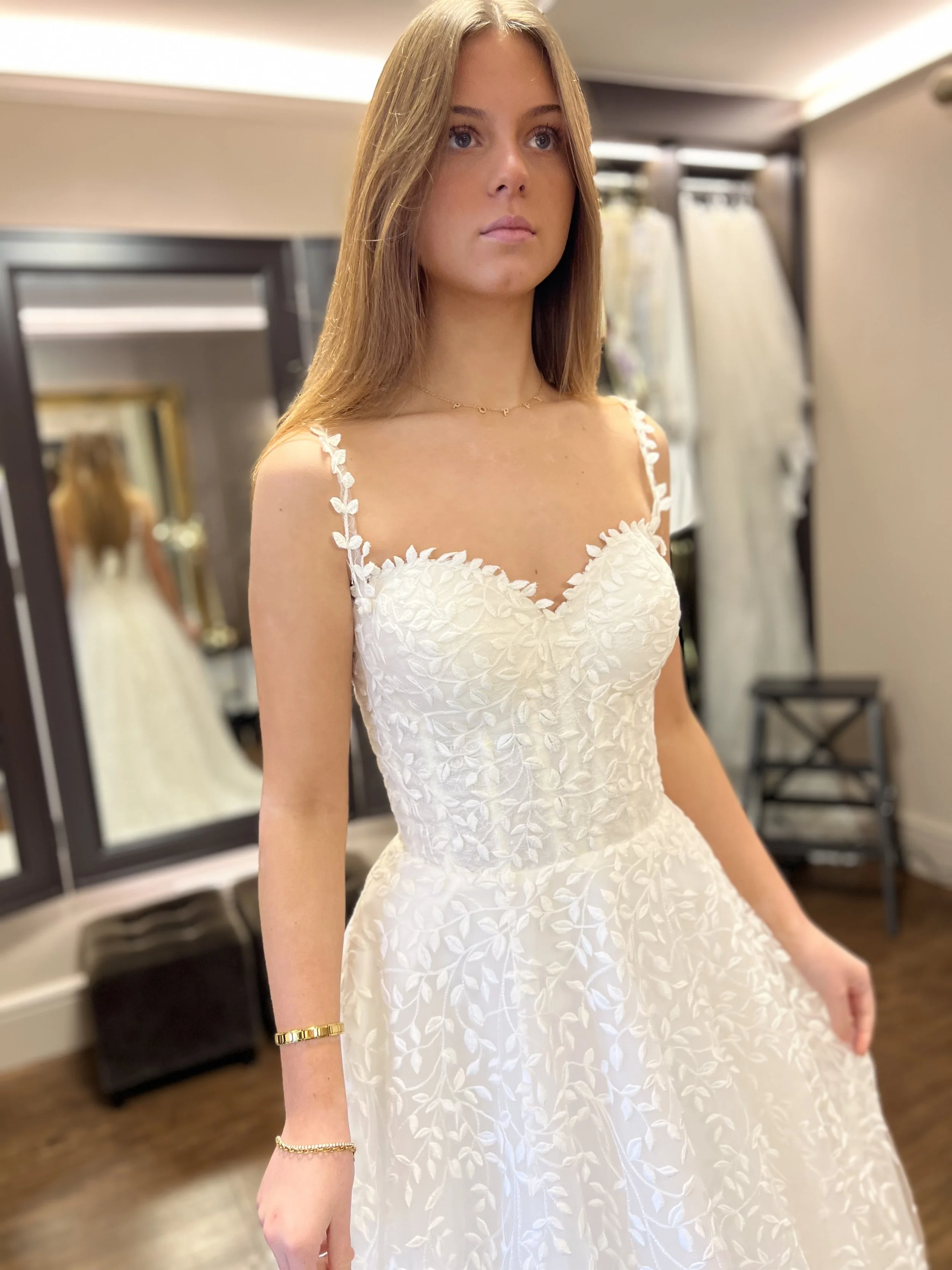 leaf embroidered wedding dress with cupped bodice, delicate straps, a-line skirt and ombre leaf pattern
