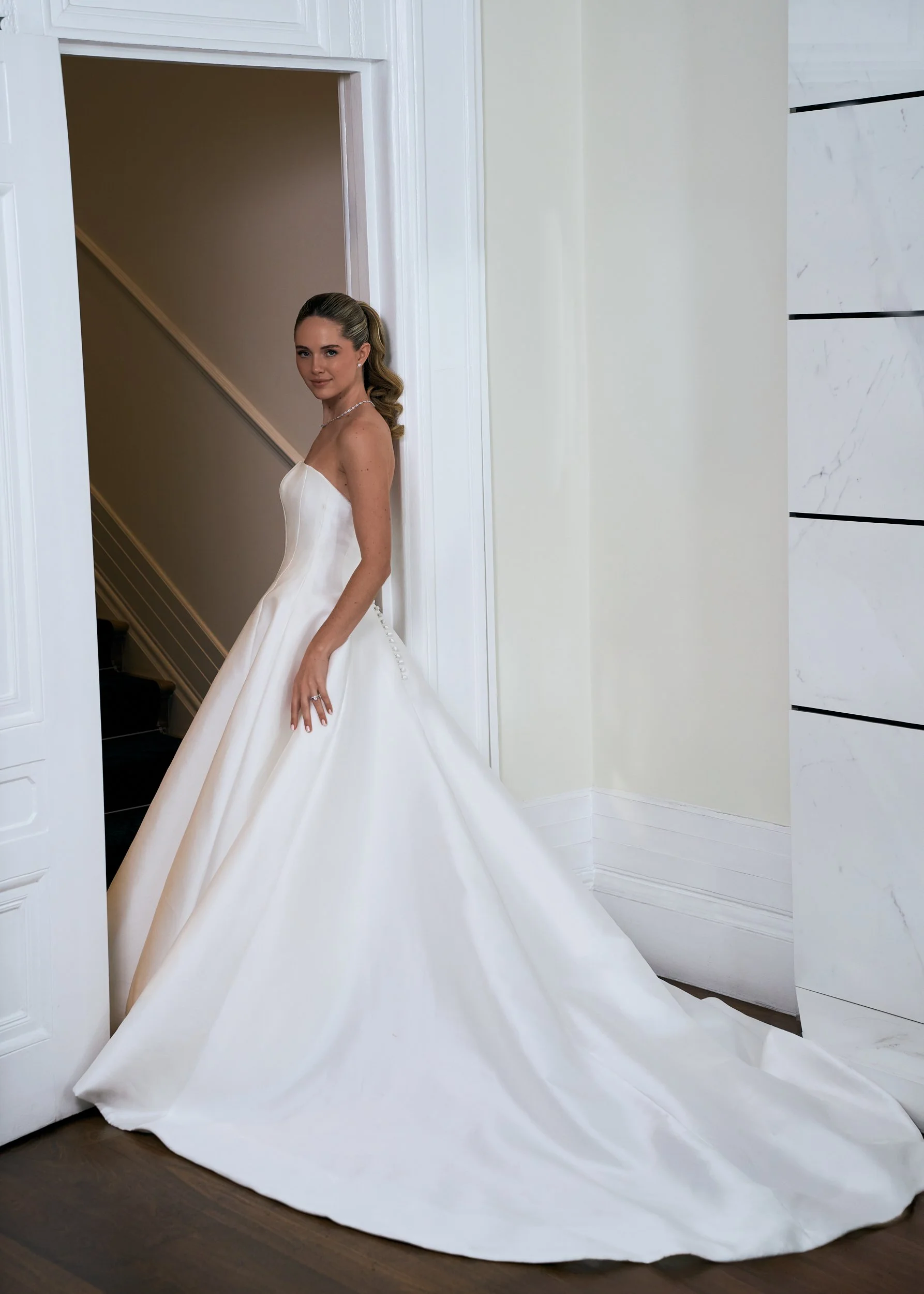 Marigold mews, aline strapless dress available at Boo Bridal Hartley Wintney