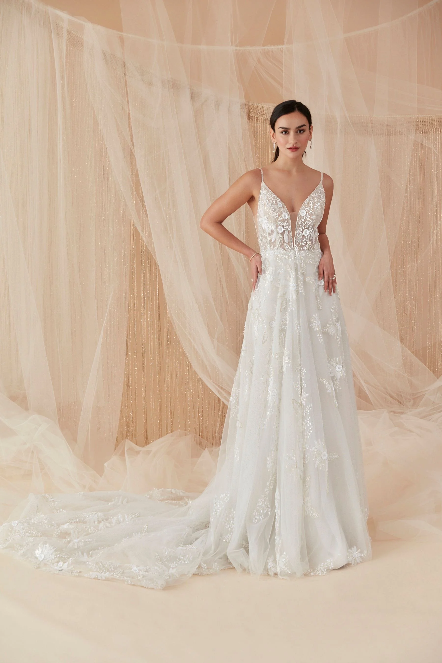Heavily beaded wedding dress with plunge neckline and low back
