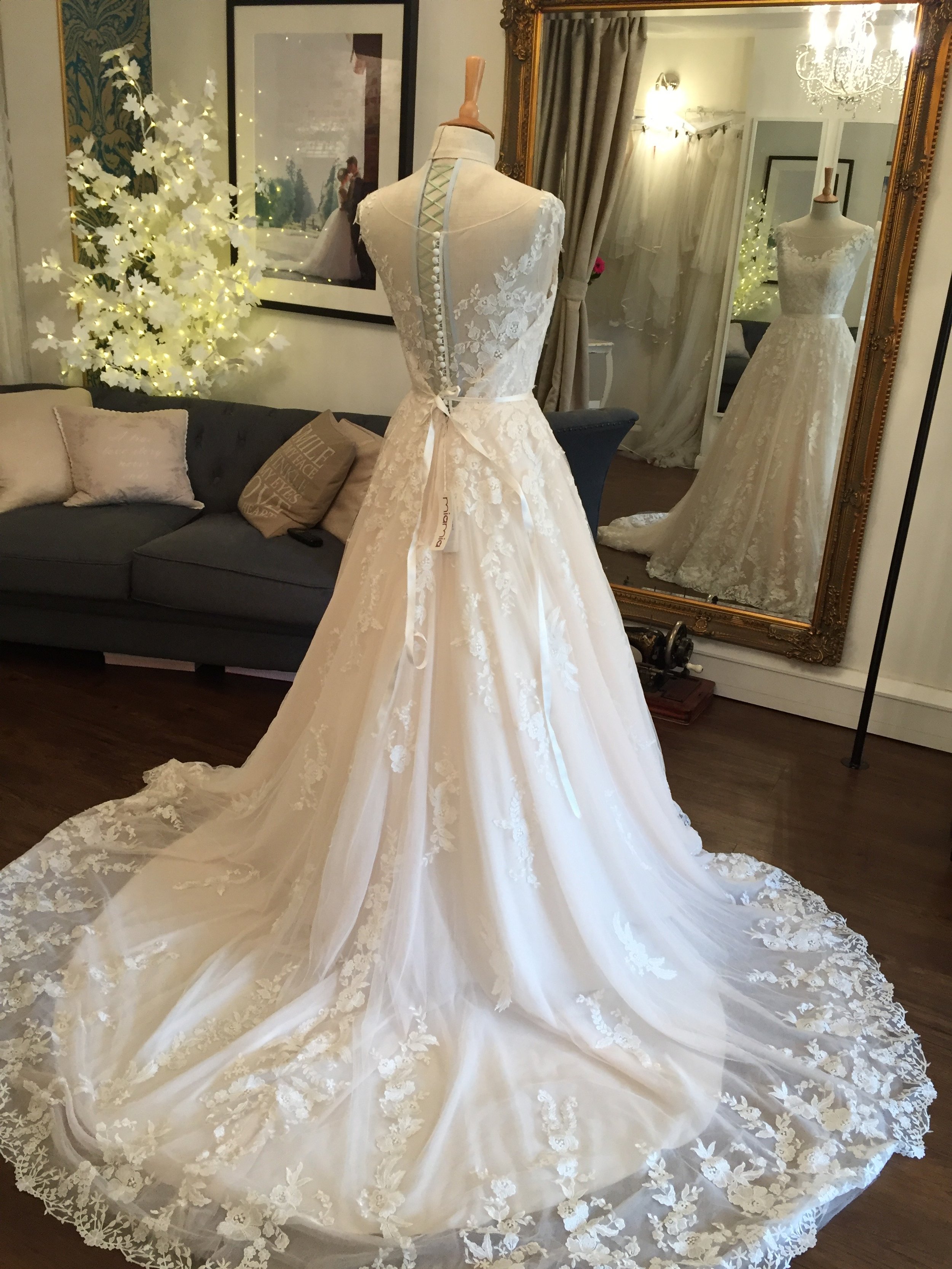 lace wedding dress with sheer back and buttons