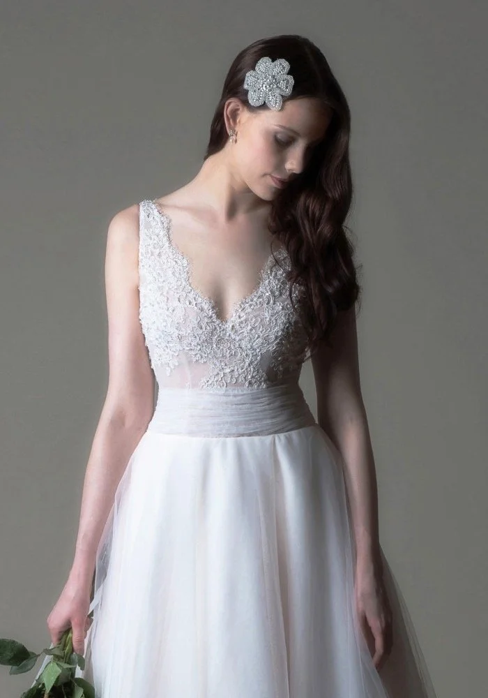 Sheer lace and tulle wedding dress with aline skirt