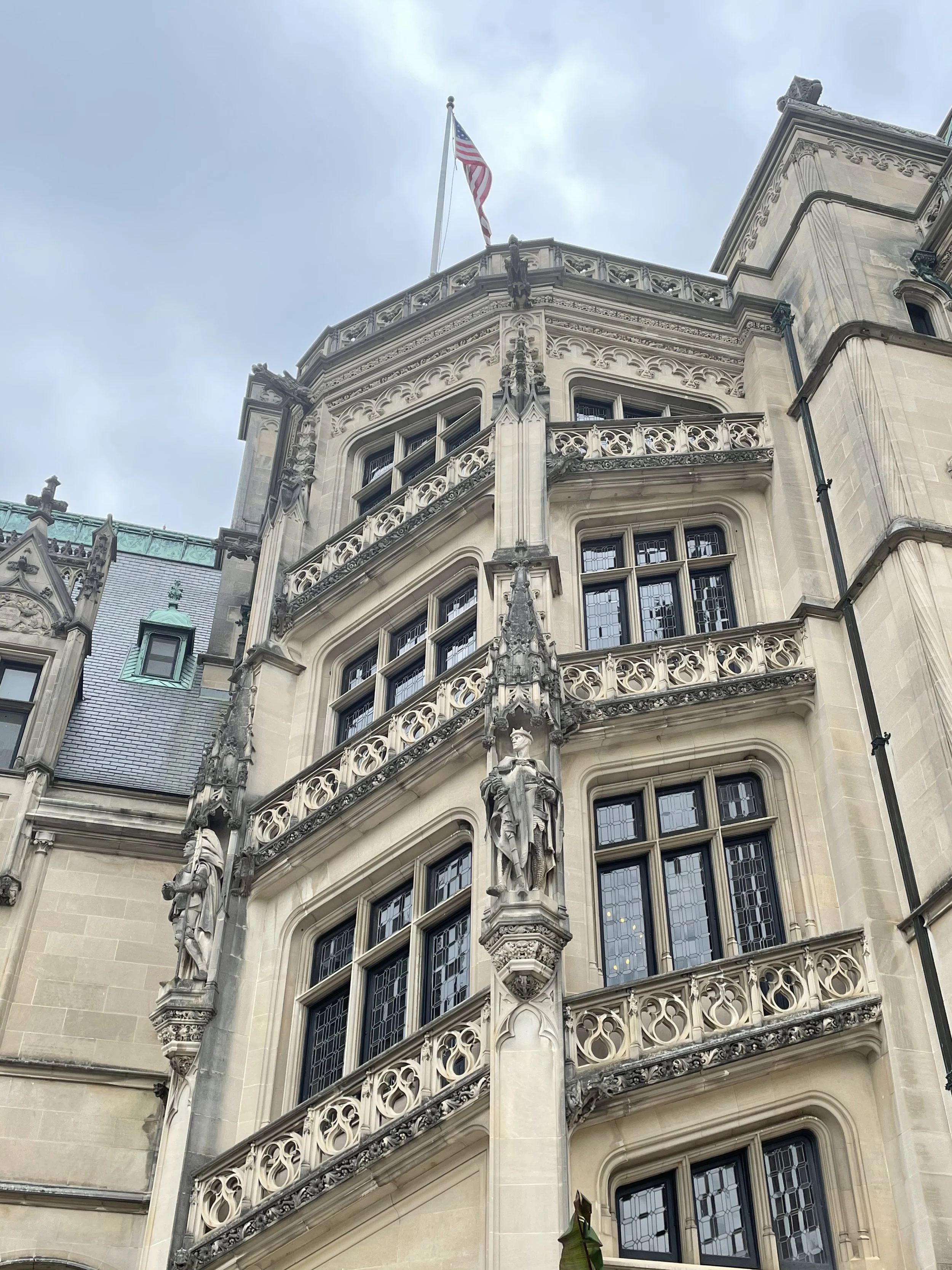 Photo of outside of the Biltmore House spiral staircase that was inspired by Chateau de Blois, a 16th century French castle in Loire Valley. The spirals go in a different direction on the one at Biltmore.