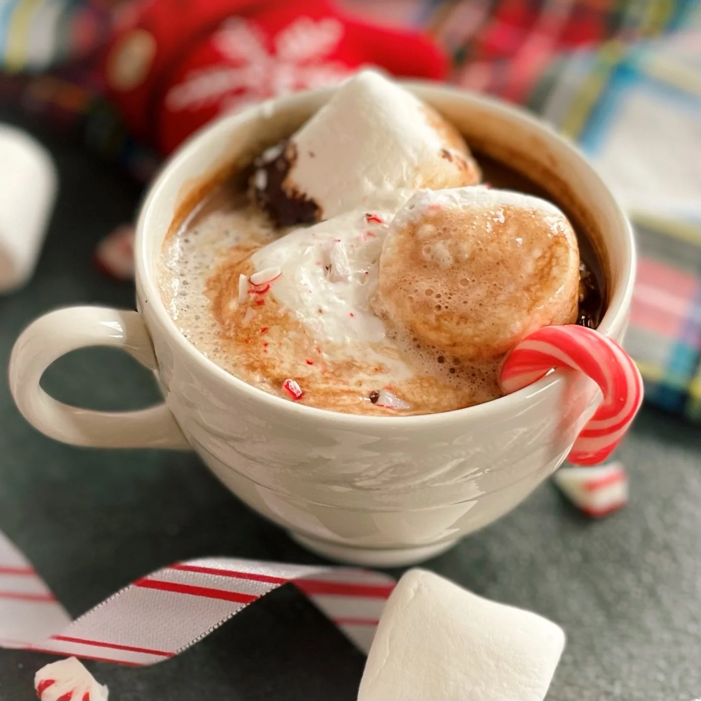 Peppermint hot cocoa recipe made with real chocolate and flavor syrup, dairy free recipe.