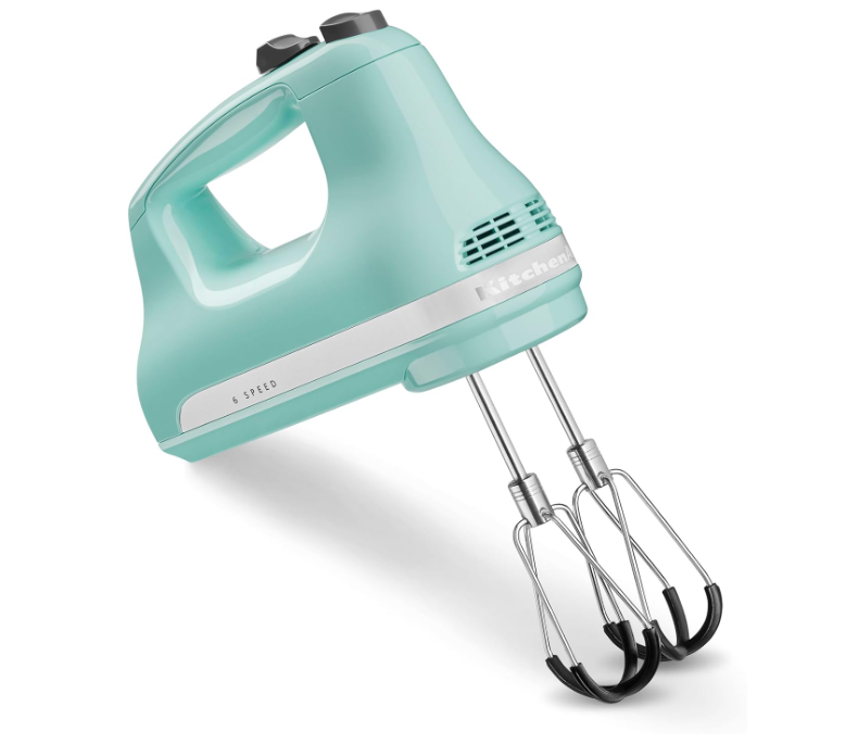 KitchenAid 6 speed hand mixer with flex edge beaters in ice blue.