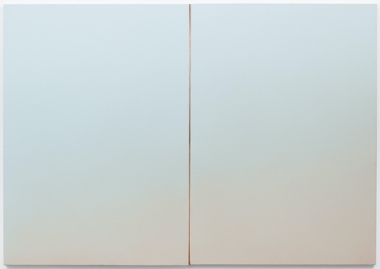   Dusk Haze (East to West) , 2019 acrylic on canvas over panel with copper plated elements 48 × 68 inches (122 × 173 cm) 